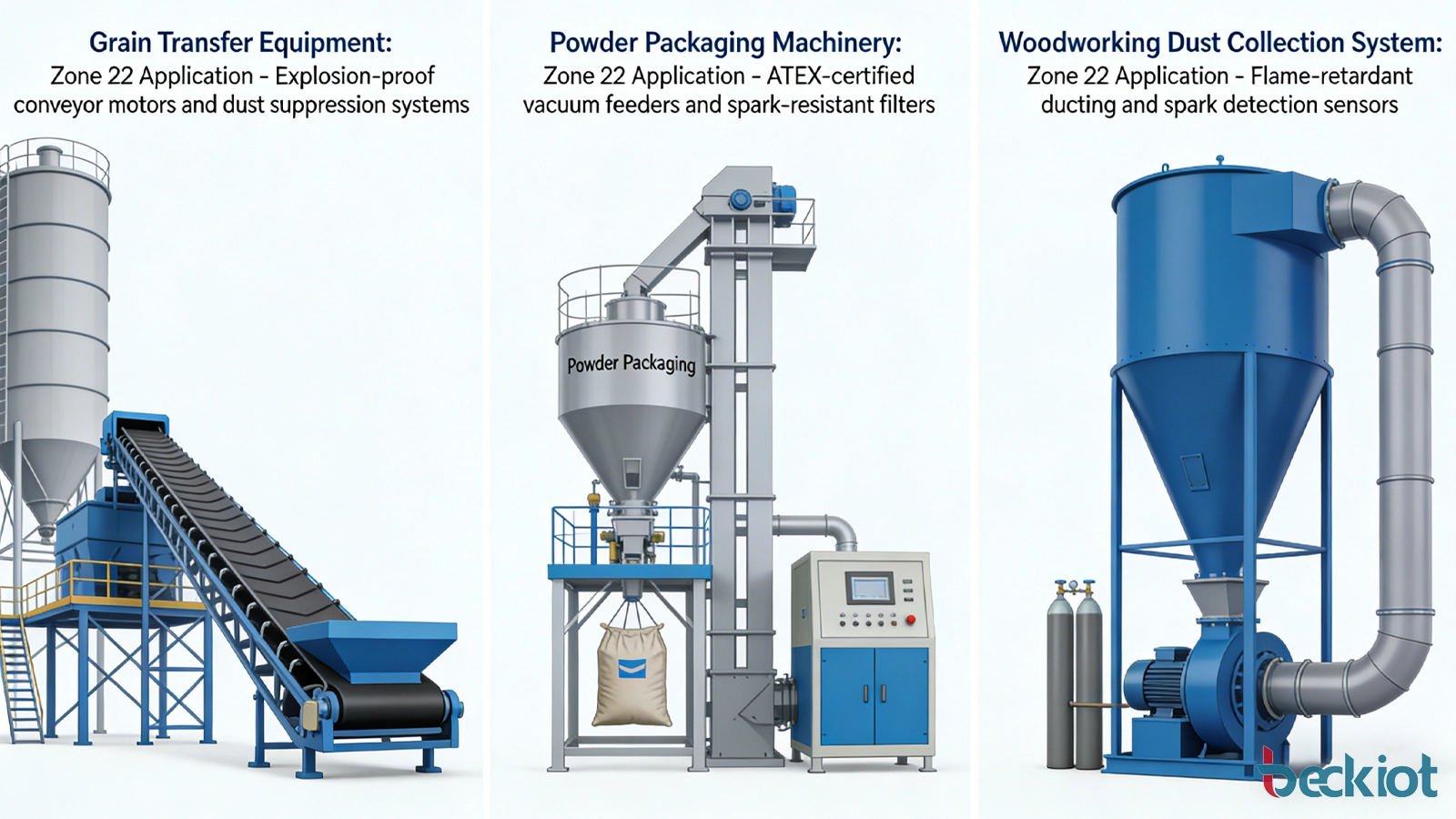 Industrielle Beispiele für Anwendungen von Zone 22 um Getreidefördergeräte, Pulververpackungsmaschinen und Holzbearbeitungs-Staubabscheidesysteme.