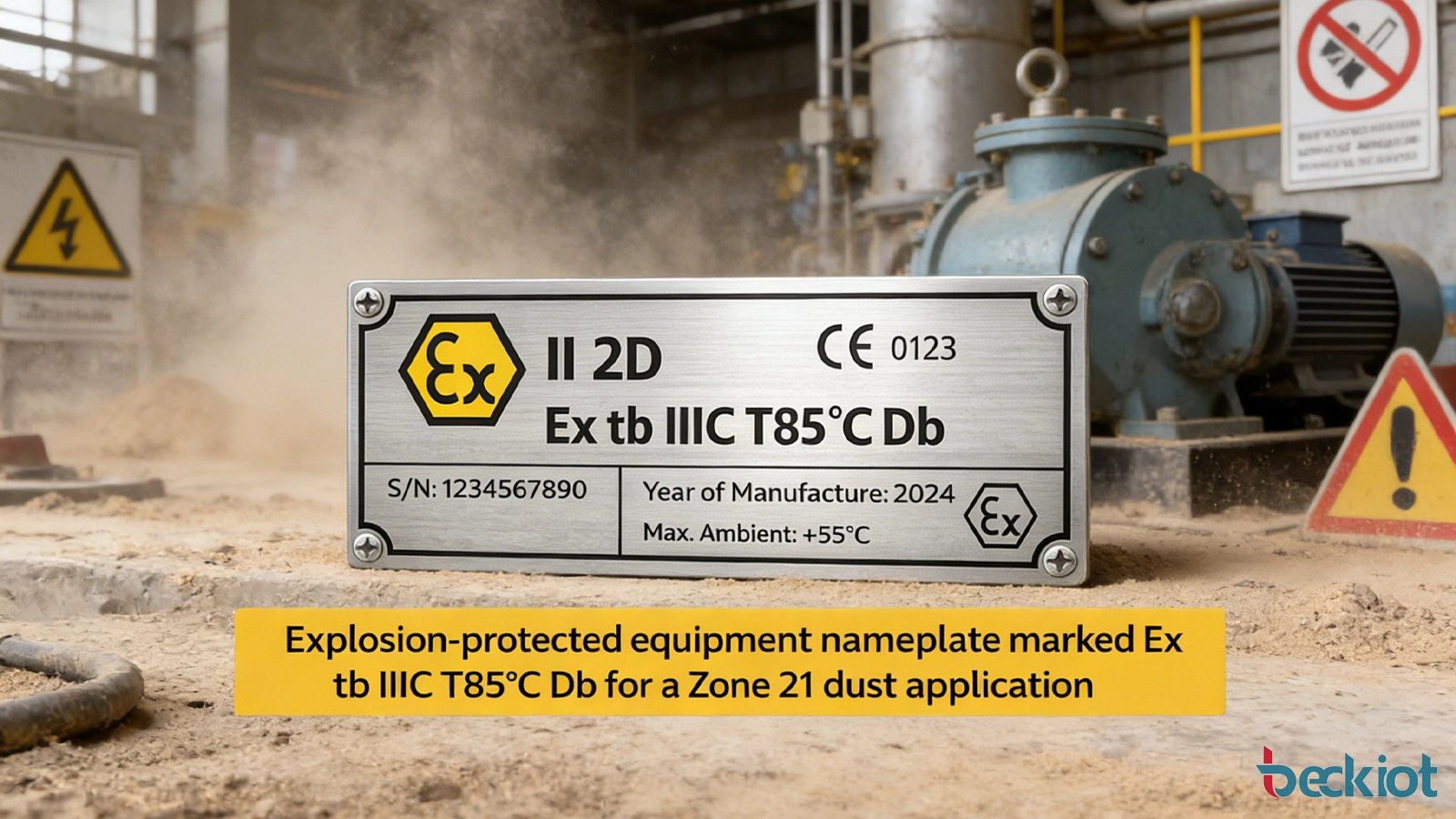 Abbildung eines Typenschilds eines explosionsgeschützten Geräts mit der Kennzeichnung Ex tb IIIC T85°C Db für eine Staubanwendung der Zone 21