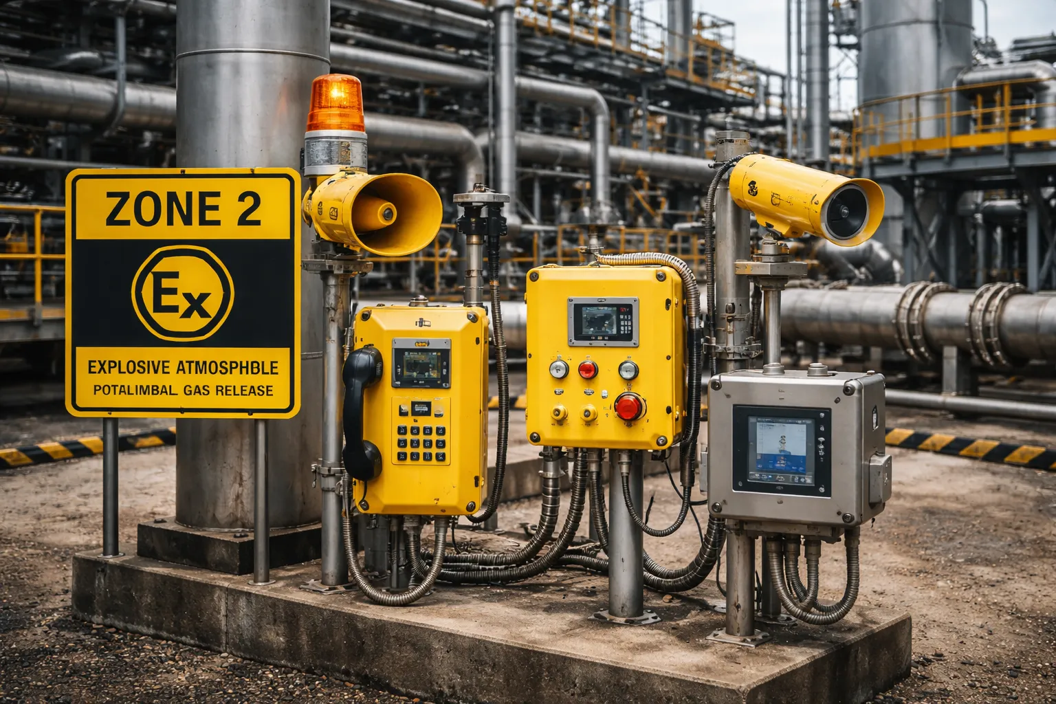 Nahaufnahme der Kennzeichnung eines Geräts für explosionsgefährdete Bereiche mit Gruppe II, Kategorie 3G, Gasgruppe, Temperaturklasse und EPL Gc für Zone-2-Betrieb