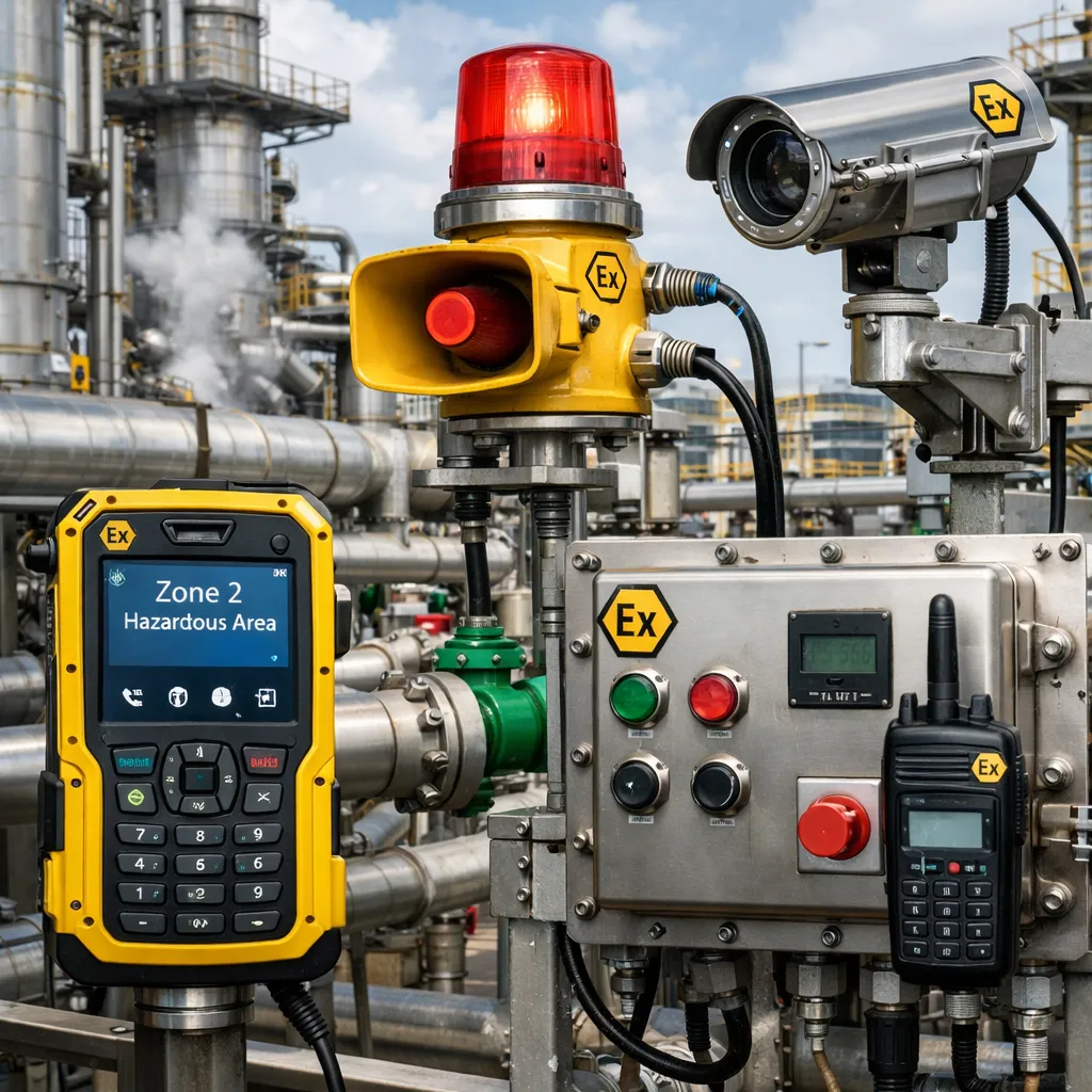 Kommunikations- und Elektrogeräte für explosionsgefährdete Bereiche, eingesetzt in einer Zone-2-Öl-, Gas- oder Chemieverarbeitungsumgebung mit Außenexposition und Prozessleitungen