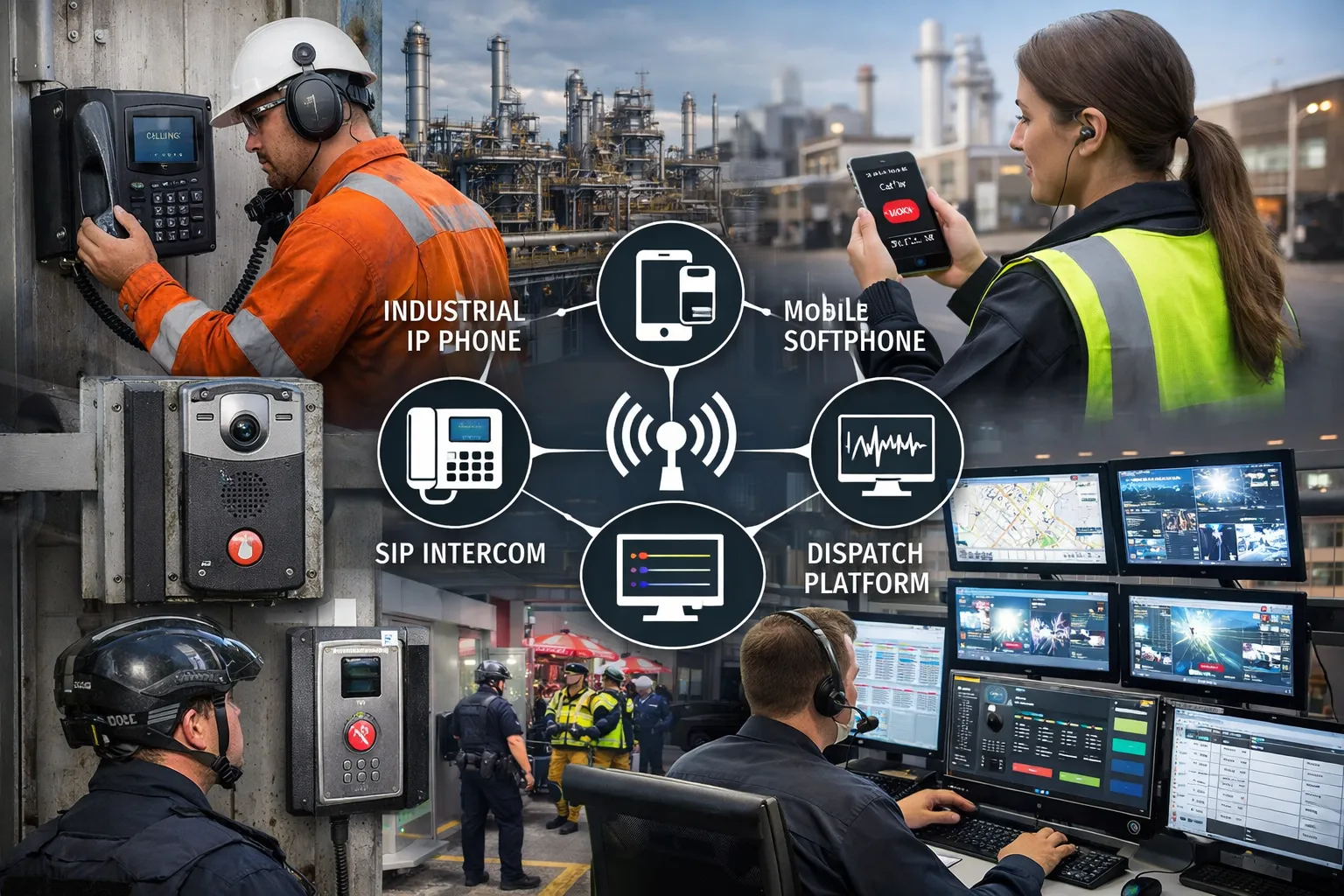 Betriebskritische Feldkommunikation mit industriellen IP-Telefonen, mobilen Softphones, SIP-Sprechfunkgeräten und Leitplattformintegration in industriellen und öffentlichen Betrieben