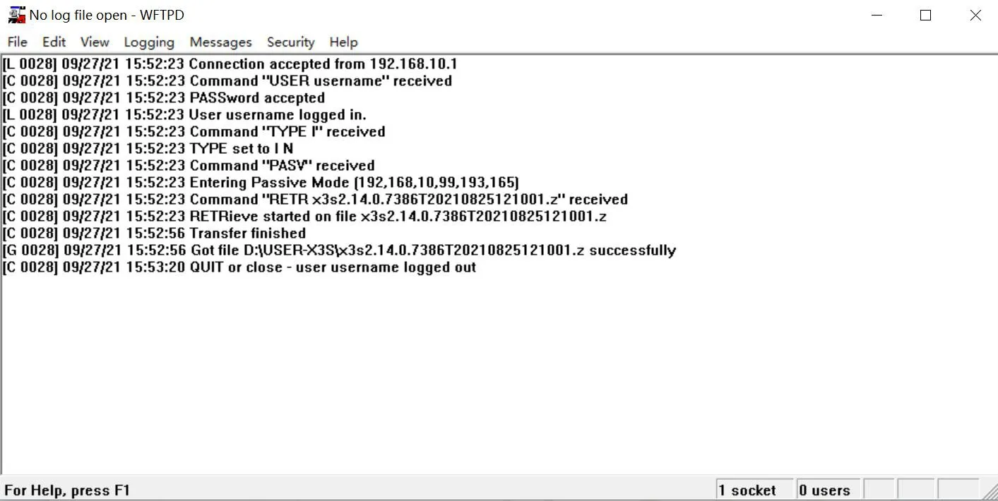 Das FTP-Server-Fenster zeigt die Download-Informationen an