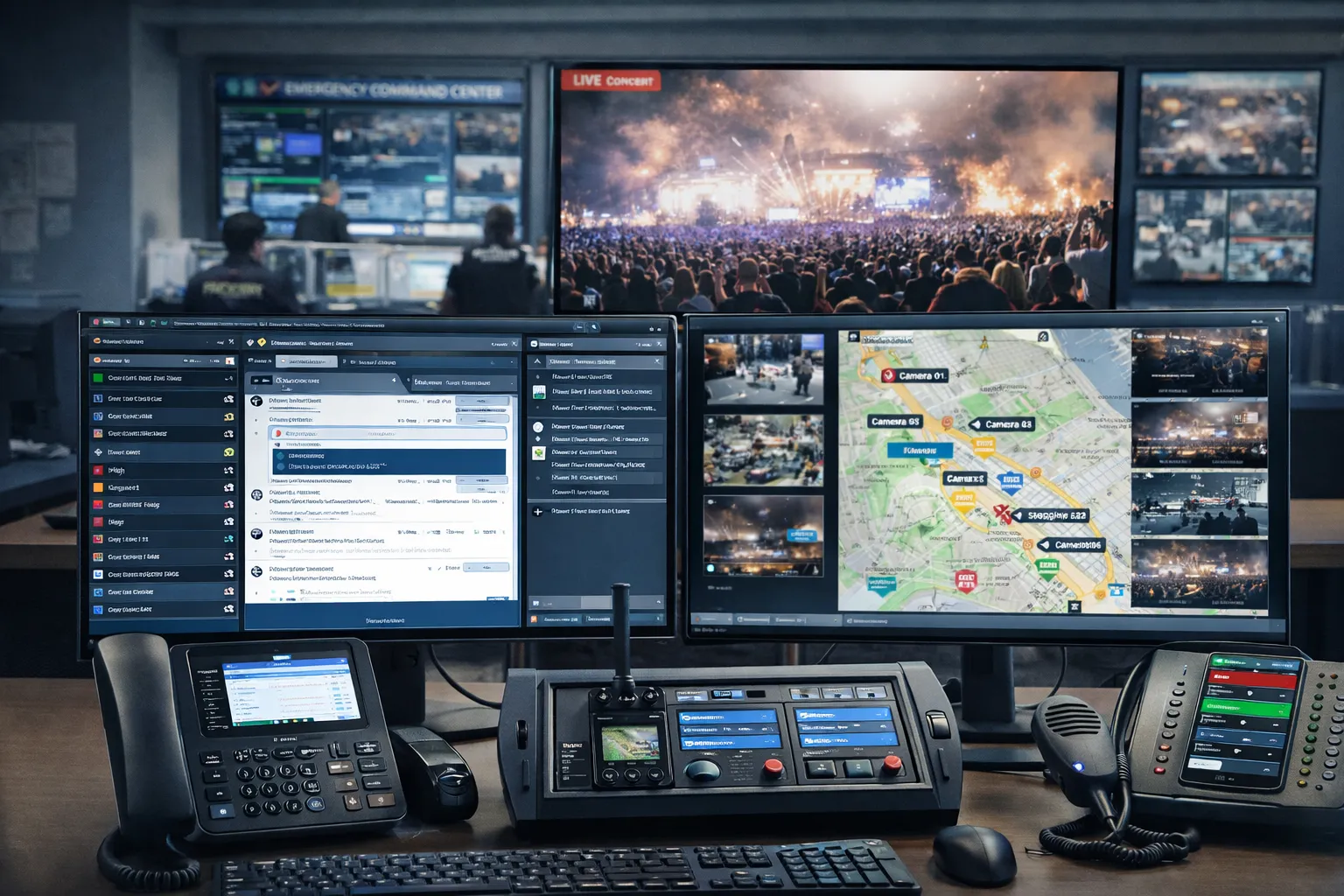 Integrierte Notfallkommunikationsplattform für ein Kommandozentrum einer Großveranstaltung mit Einsatzkonsole, Telefonen, Funkintegration und Videokoordination