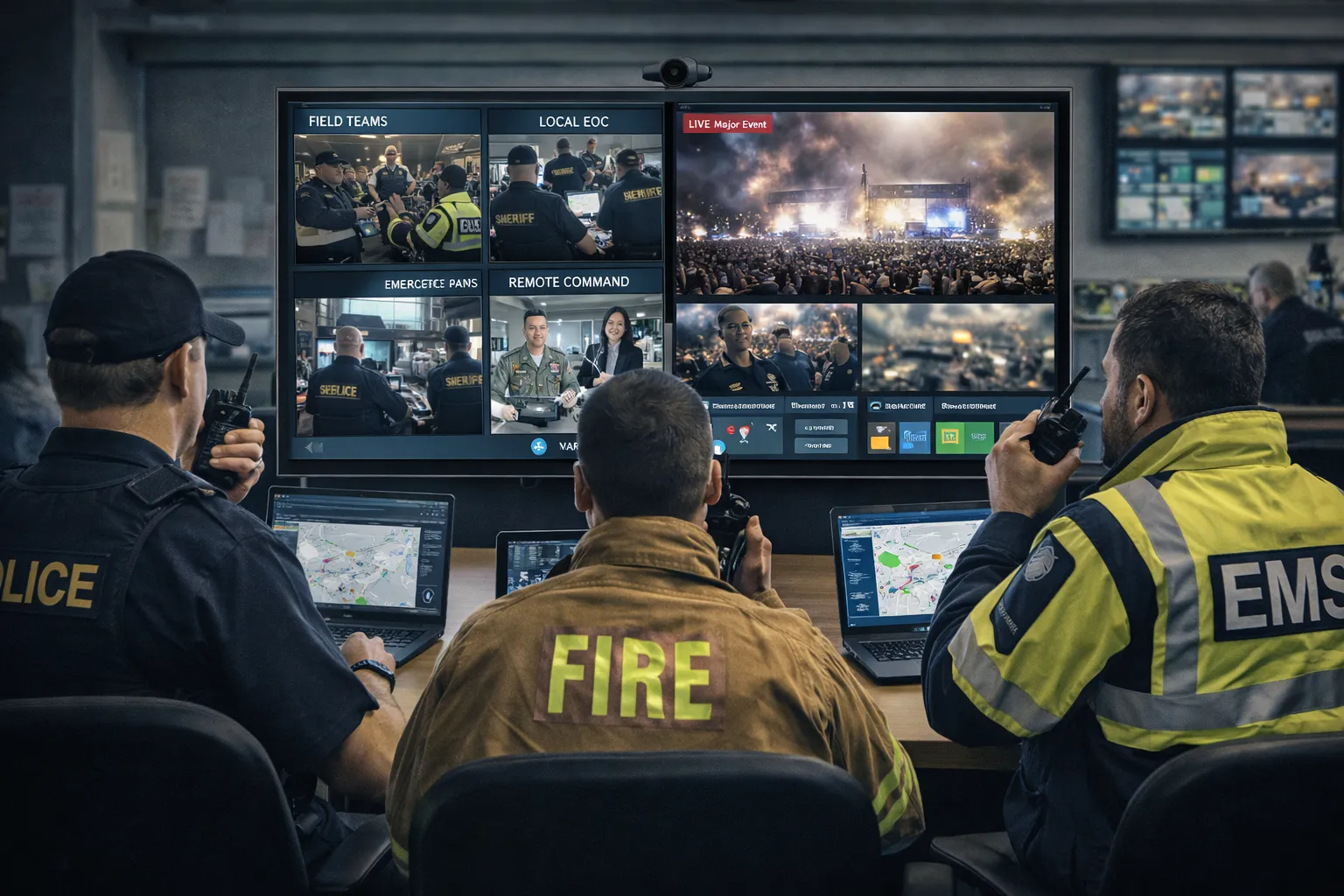 Notfallkommando-Team einer Großveranstaltung nutzt ein Videokonferenzsystem zur Echtzeitkoordination mit entfernten und lokalen Betriebseinheiten