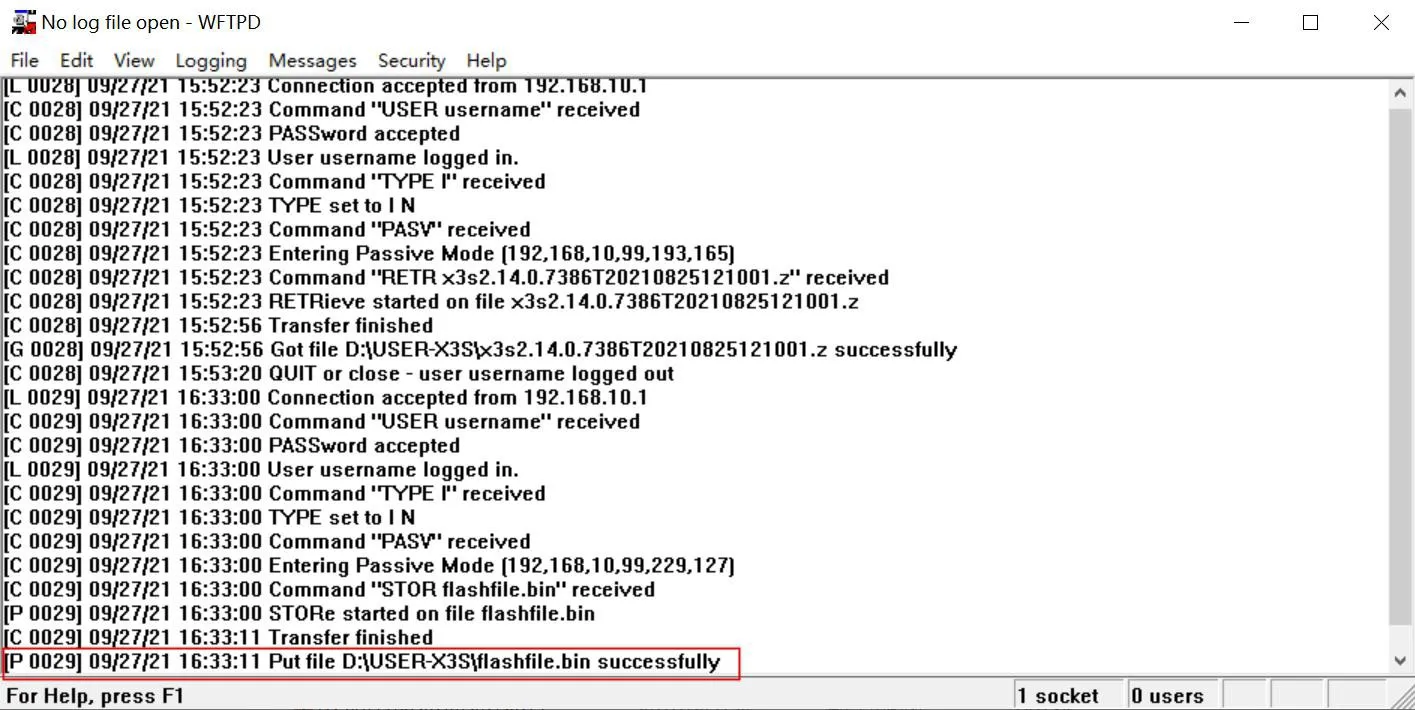 FTP-Server-Fenster mit Flash-Exportaktivität