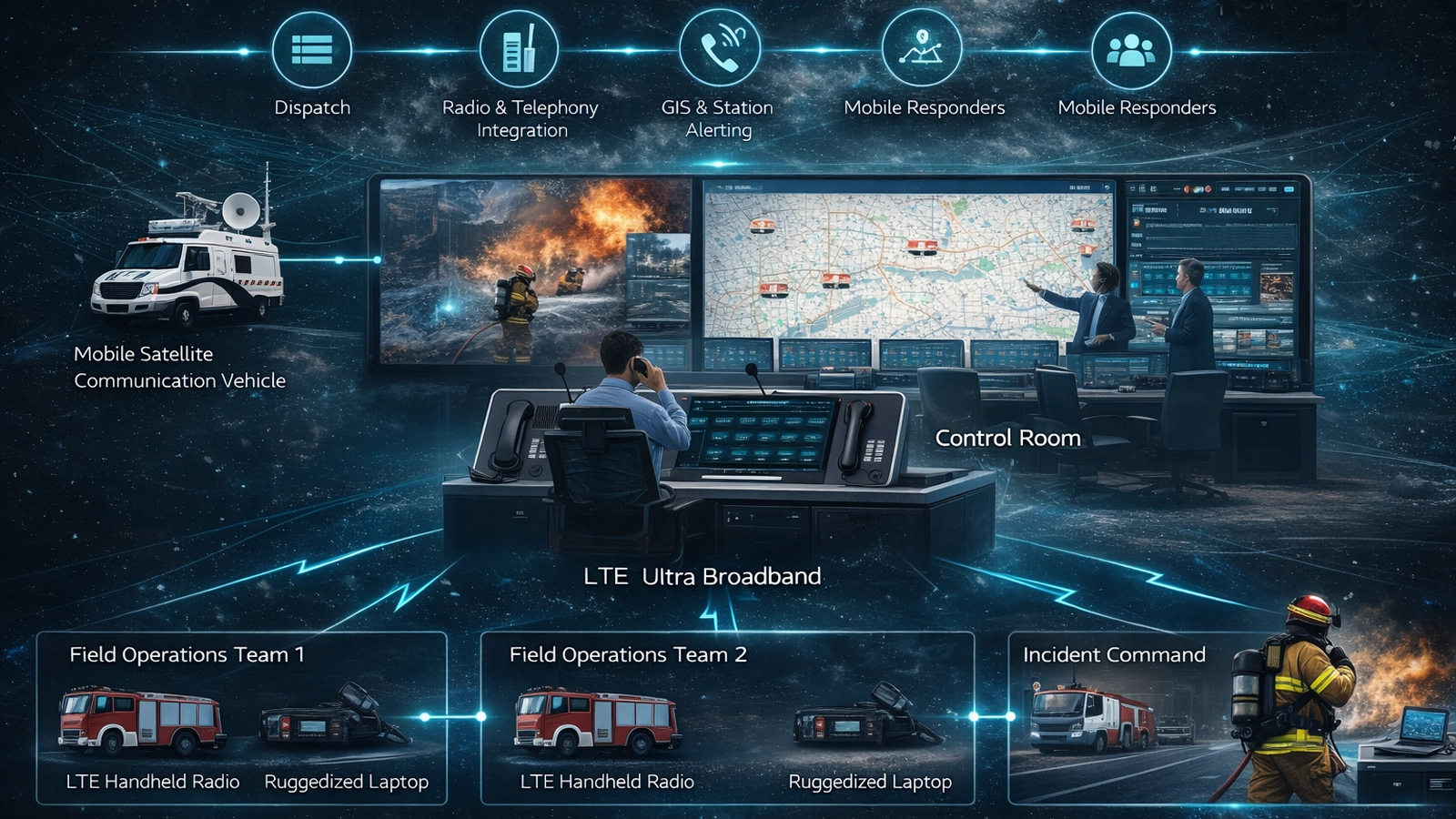 Architektur des Feuerwehr- und Rettungsleit- und Kontrollsystems von Becke Telcom mit Leitstellenarbeitsplätzen, Funk- und Telefonieintegration, GIS, Wachalarmierung, mobilen Einsatzkräften und Unterstützung der Einsatzleitung
