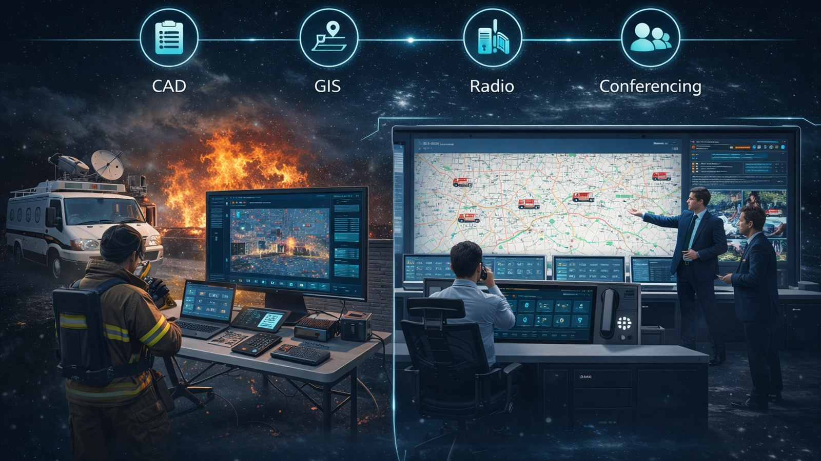 Koordinierung von Einsatzleitstelle und Notfallbetriebszentrum bei Feuerwehr- und Rettungseinsätzen mit CAD, GIS, Funk, Konferenzen und gemeinsamer Situationsübersicht