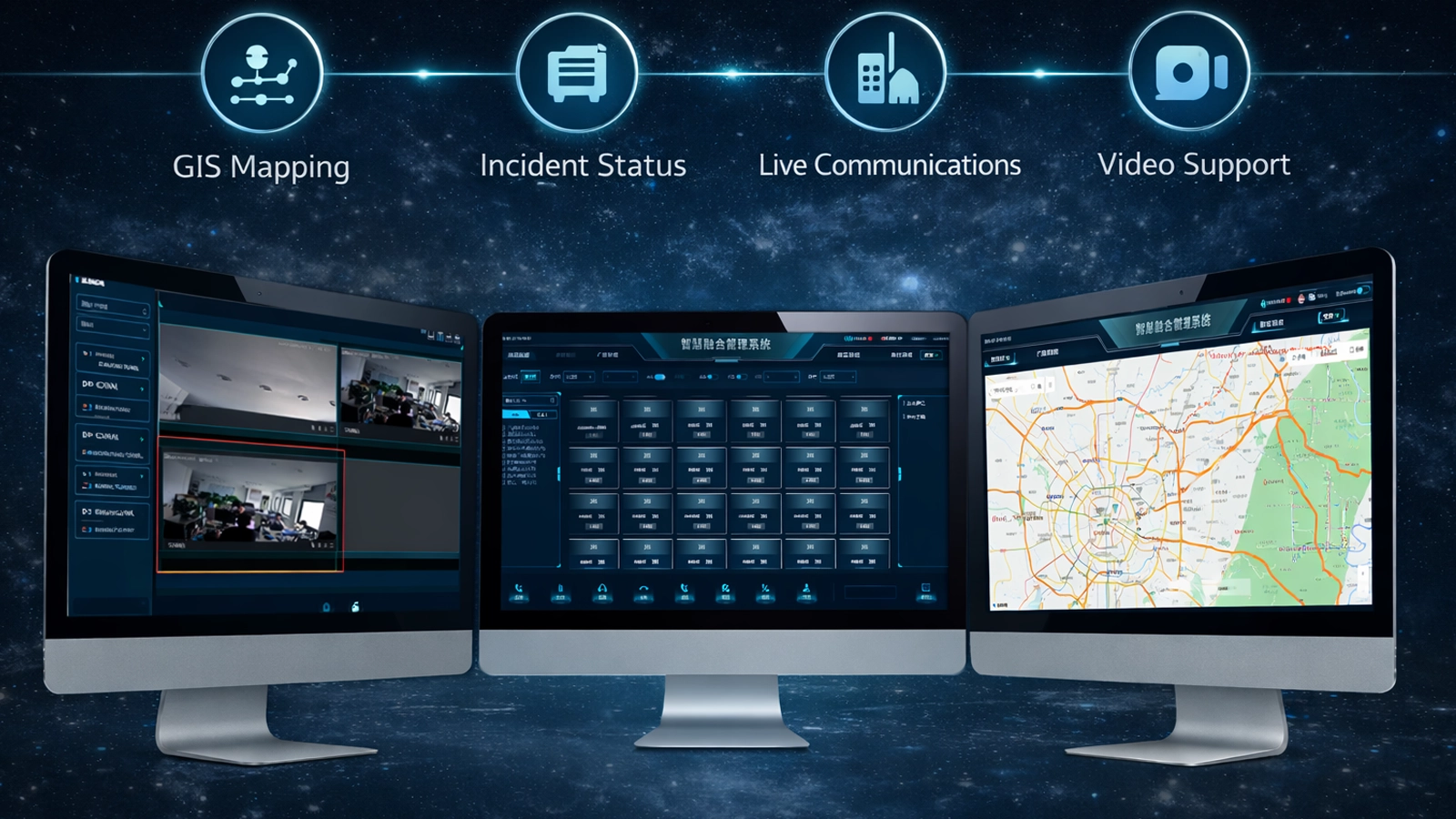 Feuerwehrleitstelle mit Software von Becke Telcom, die GIS-Kartierung, Einsatzstatus, Live-Kommunikation und Videounterstützung anzeigt