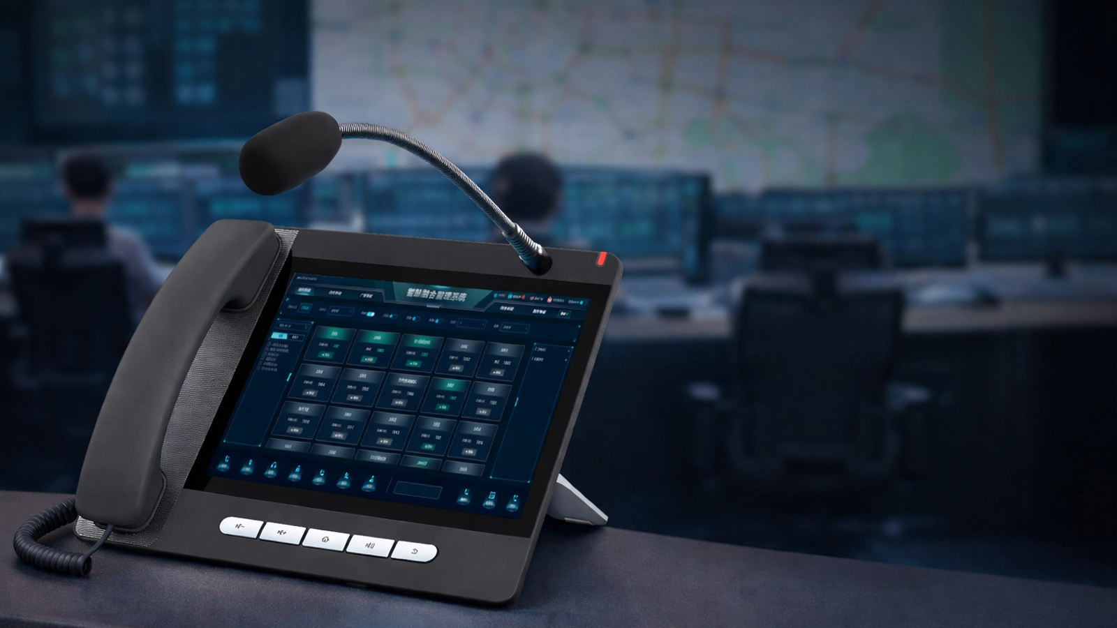 Funktionsübersicht des IP-Telefonie-Einsatzsystems mit Anrufwarteschlangen, erweiterten Einsatzaktionen, Konferenzschaltung, Rundfunk, Alarmverknüpfung, Video-Popup und Kartenintegration