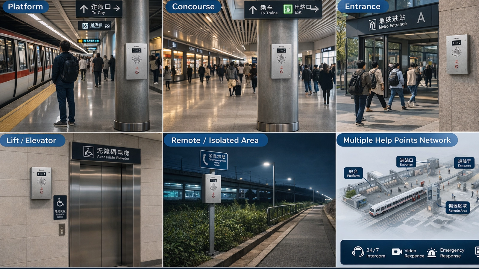 Verteilung von Fahrgastnotrufsäulen in Bahnhöfen und U-Bahn-Stationen auf Bahnsteigen, Verteilerebenen, Eingängen, Aufzügen und entfernten Stationsbereichen