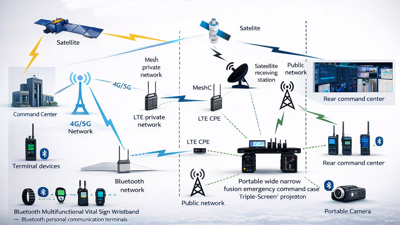 Hybride Notfallkommunikationstopologie mit Funk, Mobilfunk, Satellit und Leitstellensystemen