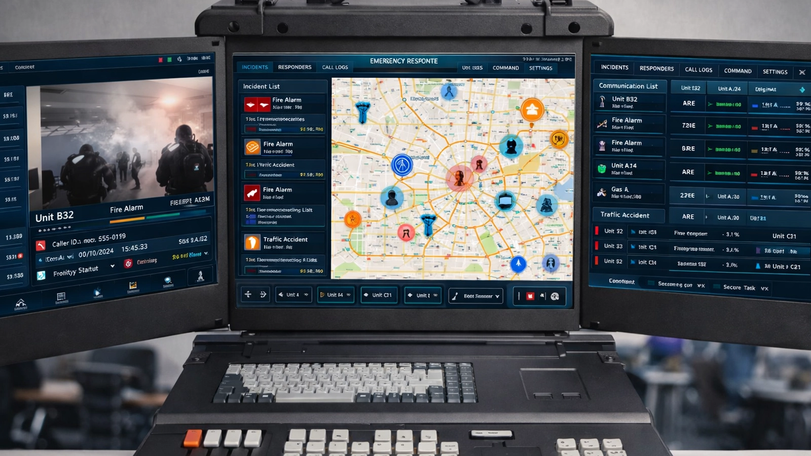 Notfallleitstellen-Dashboard mit GIS-Karte, Einsatzkräfteorten, Alarmereignissen und Kommunikationsstatus
