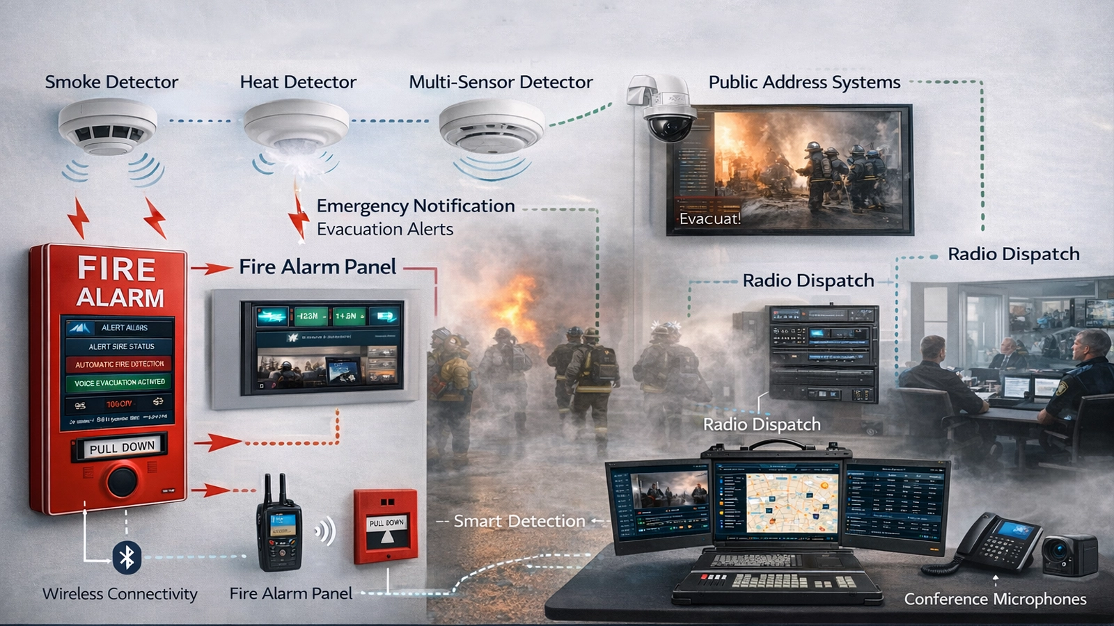 Intelligente Feueralarm- und Notevakuierungsarchitektur mit Meldern, Feueralarmzentralen, Sprachalarm, Öffentlicher Beschallung, Notfallkonferenzen, Funkdisposition und zentraler Befehlsführung