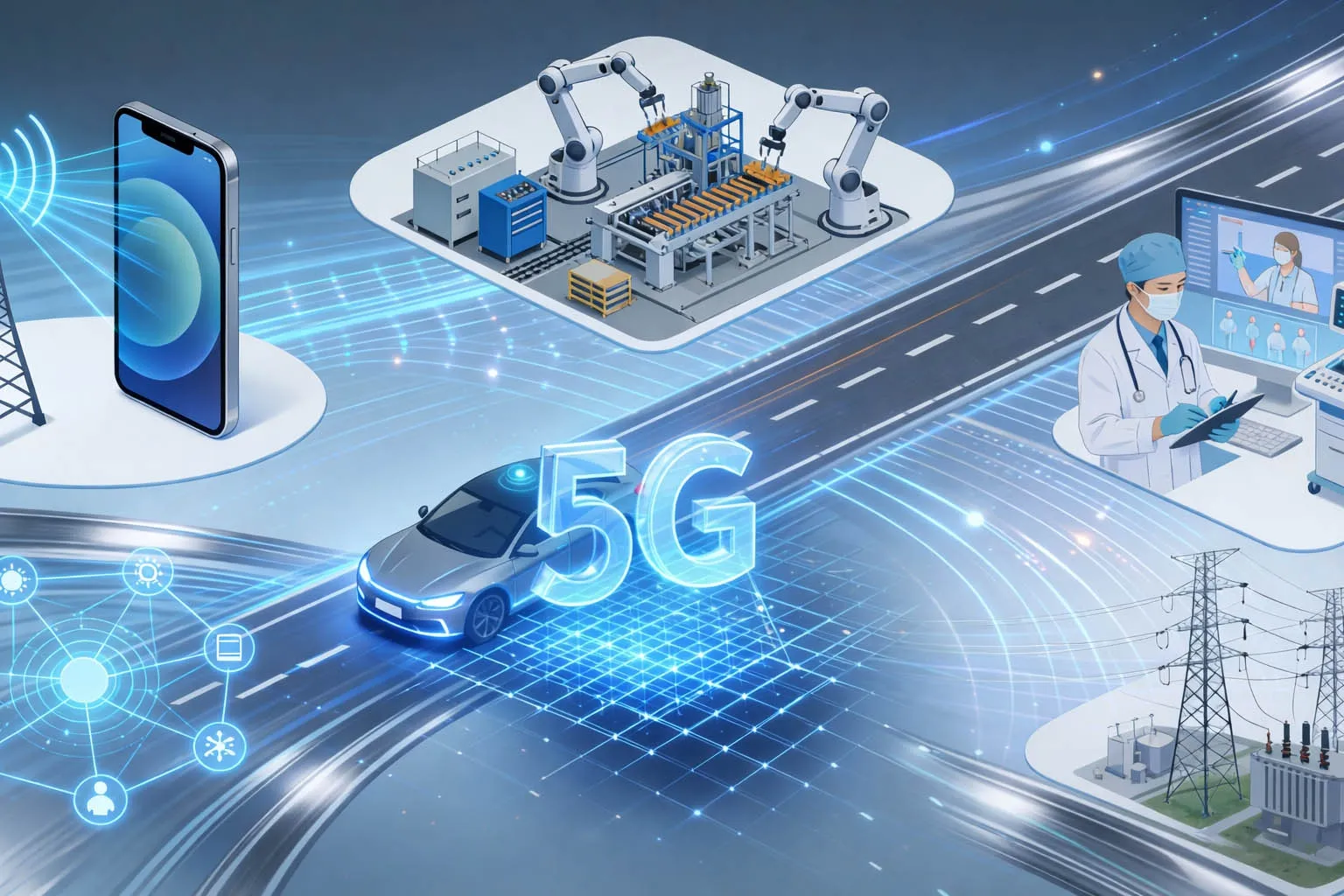 5G wird im mobilen Breitband, in der intelligenten Industrie, im Transportwesen, im Gesundheitswesen, bei Versorgungsunternehmen und in groß angelegten IoT-Umgebungen eingesetzt, in denen Abdeckung, Mobilität, Kapazität und niedrige Latenz zusammenwirken müssen. 5G wird im mobilen Breitband, in der intelligenten Industrie, im Transportwesen, im Gesundheitswesen, bei Versorgungsunternehmen und in groß angelegten IoT-Umgebungen eingesetzt, in denen Abdeckung, Mobilität, Kapazität und niedrige Latenz zusammenwirken müssen.