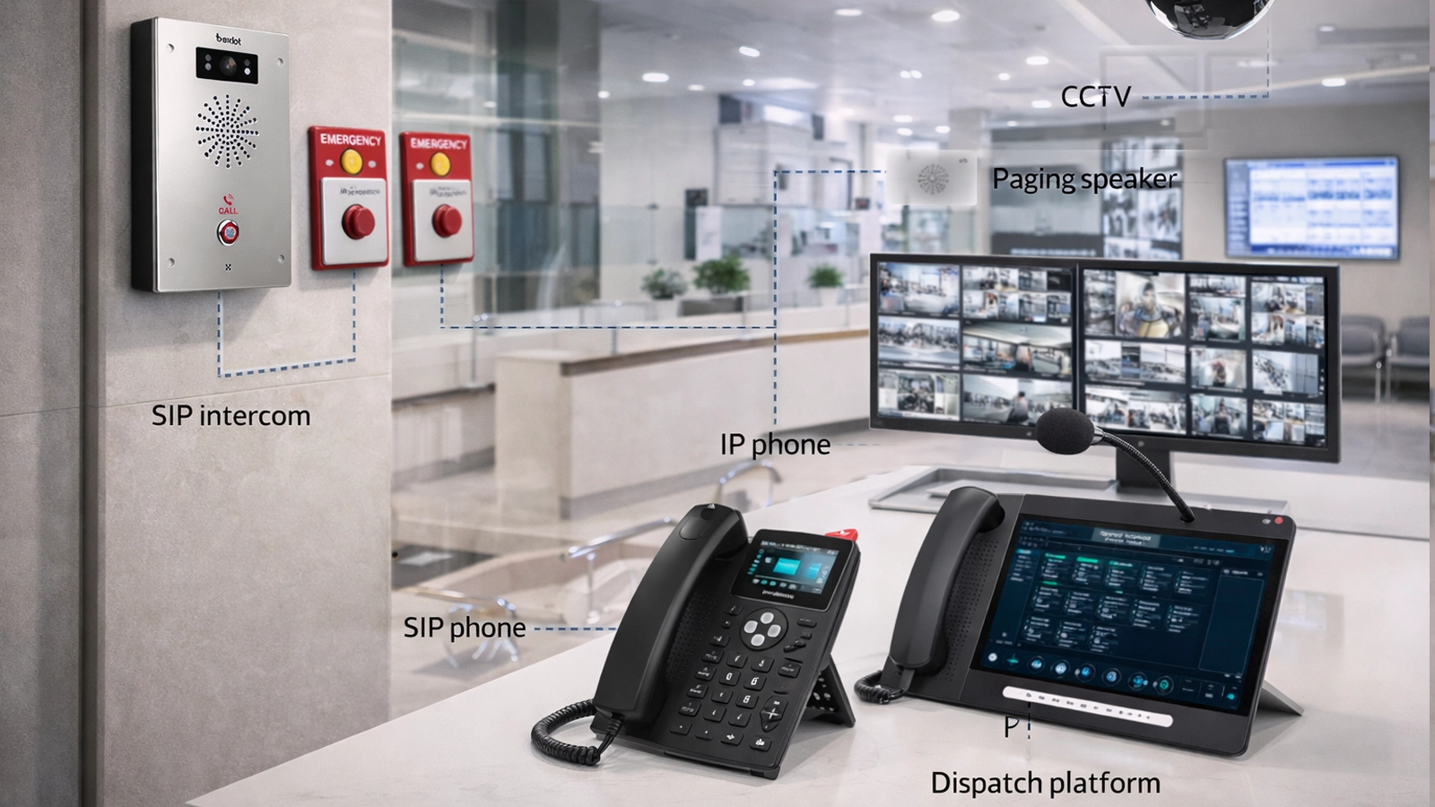 Architektur eines Paniktasten- und Zwangsmeldesystems mit Integration von Notfalltasten, SIP-Gegensprechanlage, IP-Telefonen, Überwachungskameras, Durchsagen und Leitstellenplattform