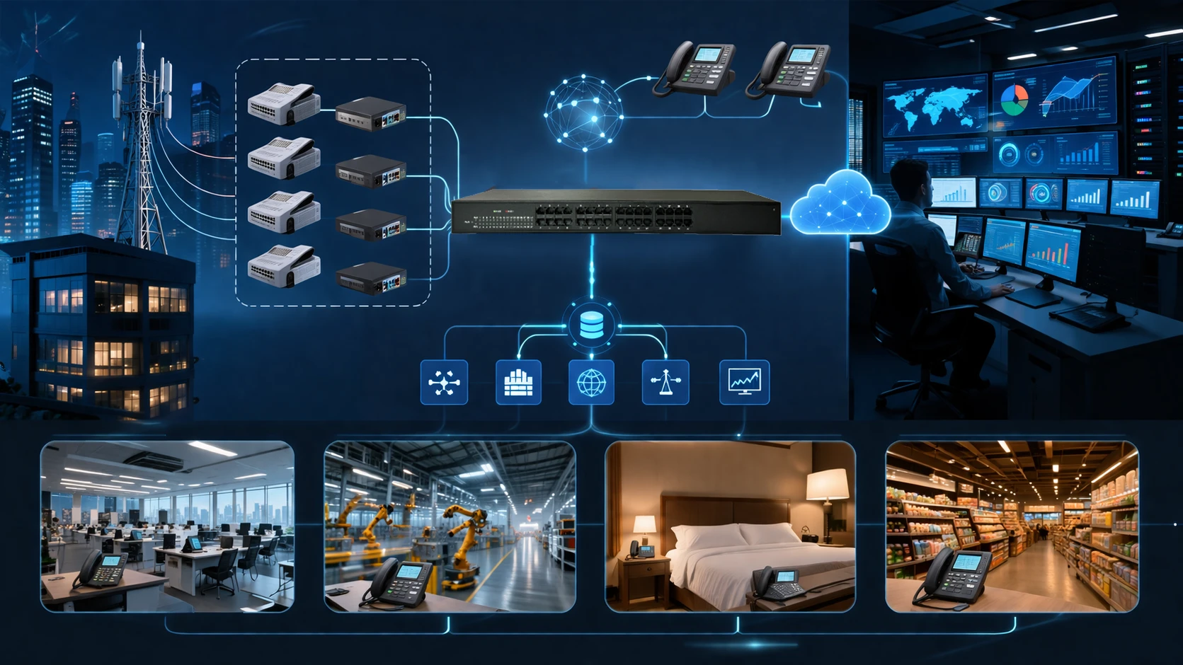 Rackmontiertes FXO-Gateway mit mehreren analogen Ports, Ethernet-Anschluss und Verwaltungsdashboard für hybride Sprachbereitstellungen