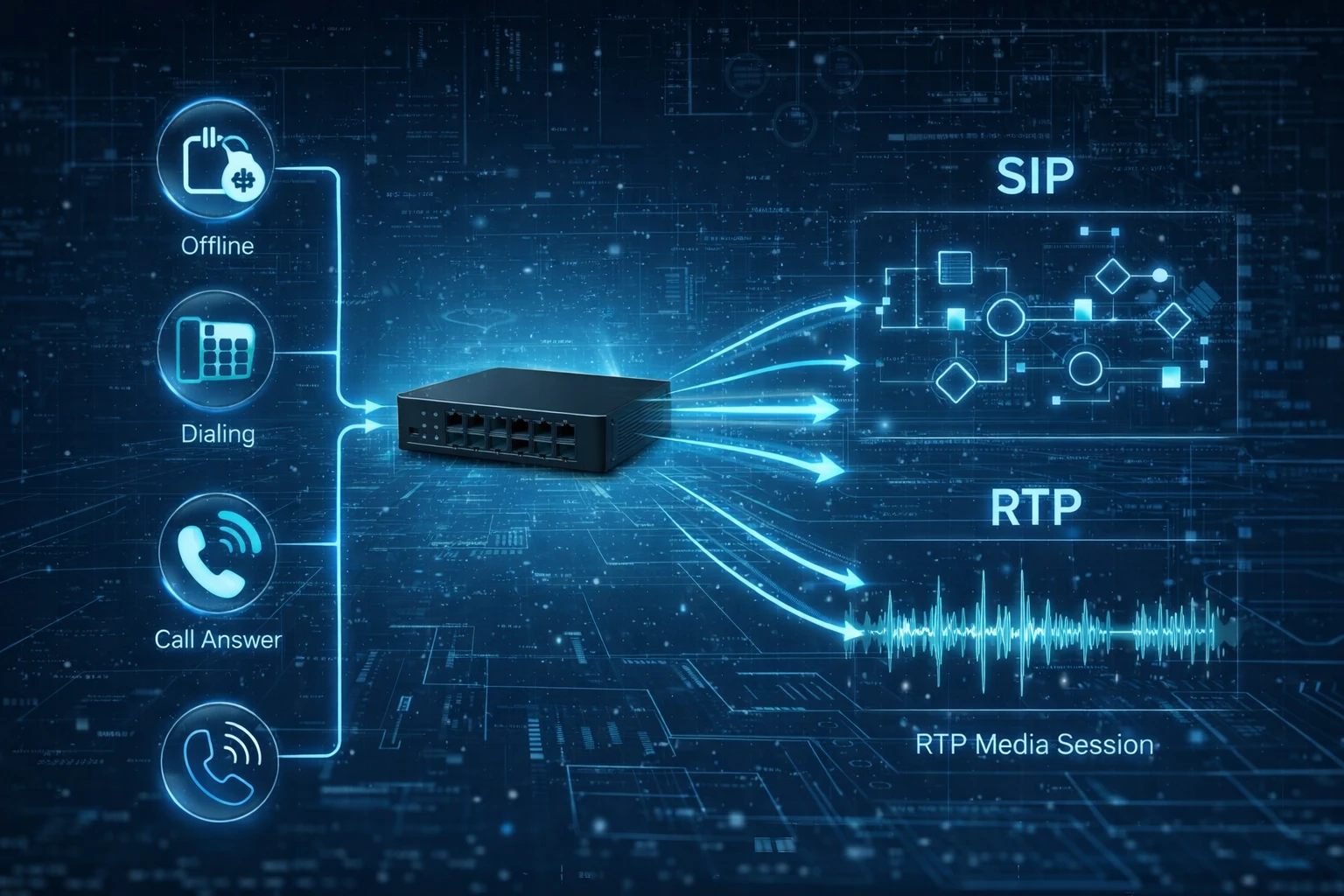 Anrufflussdiagramm: FXS-Gateway wandelt analoge Aktionen in SIP und RTP um