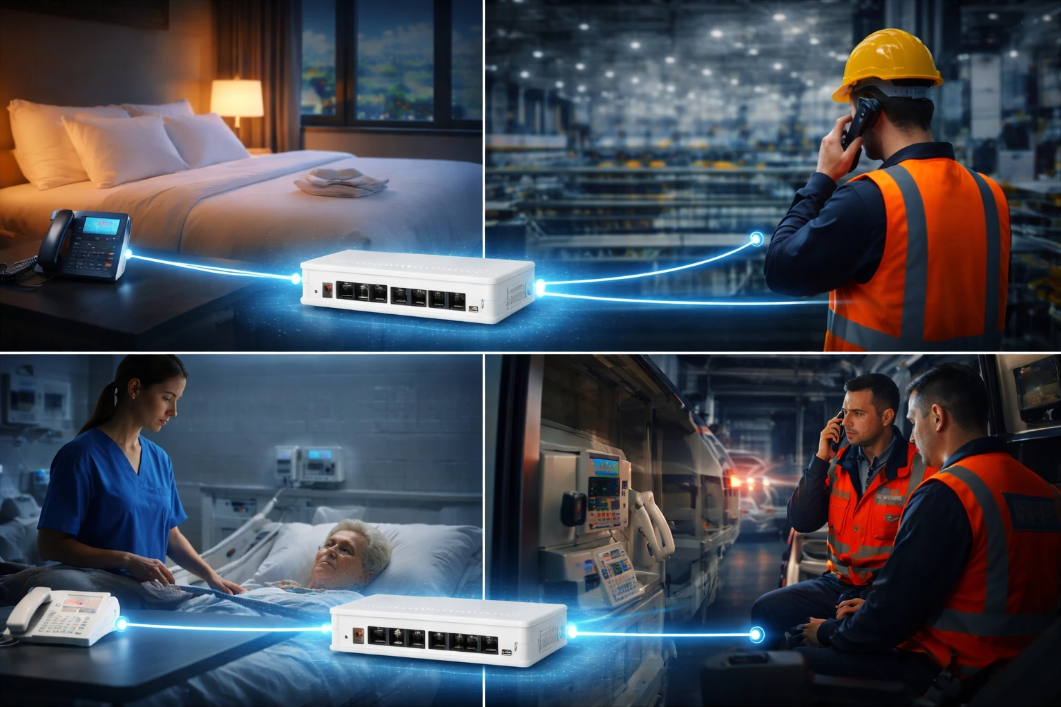 Notruftelefon, Fax, Hoteltelefon und Industriehandapparat über FXS mit SIP-Plattform verbunden