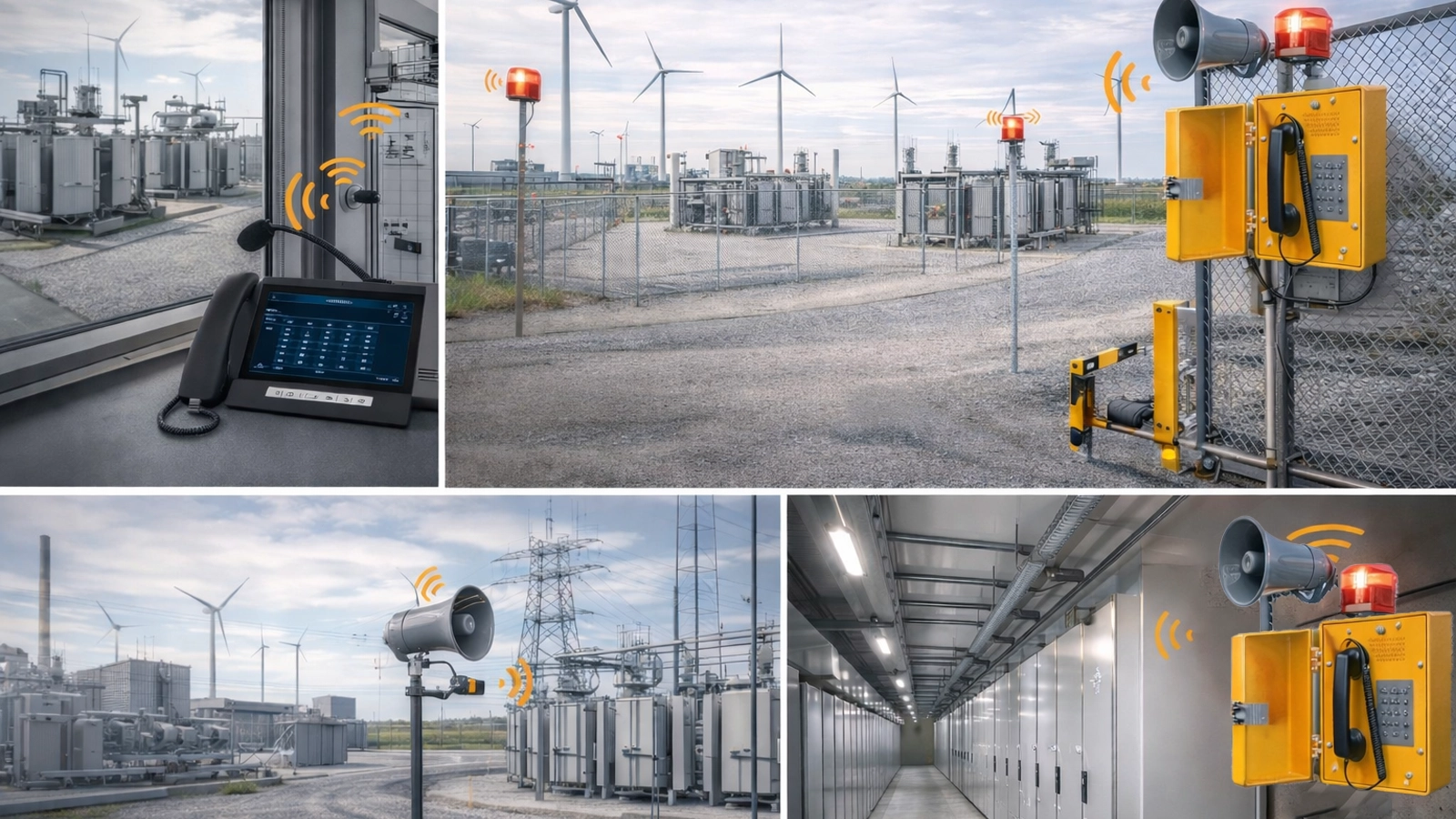 Übersicht über das PAGA-System in einem Windpark-Umspannwerk mit Gebäuderuf, Lautsprechern im Transformatorenfeld, Beschallungsabdeckung im GIS-Raum und Notfallkommunikation in wichtigen elektrischen Bereichen