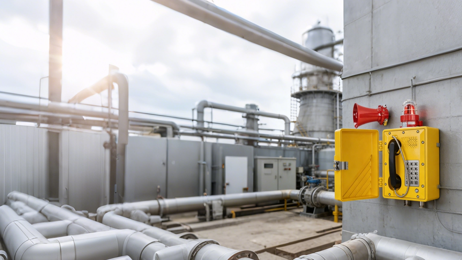 Übersicht des PAGA-Systems im Kernkraftwerk mit zentralem Steuerraum, Lautsprechern in der Turbinenhalle, Abdeckung durch bereichsbezogene Durchsagen in Hilfsbereichen und anlagenweiter Kommunikation für Allgemeinalarme