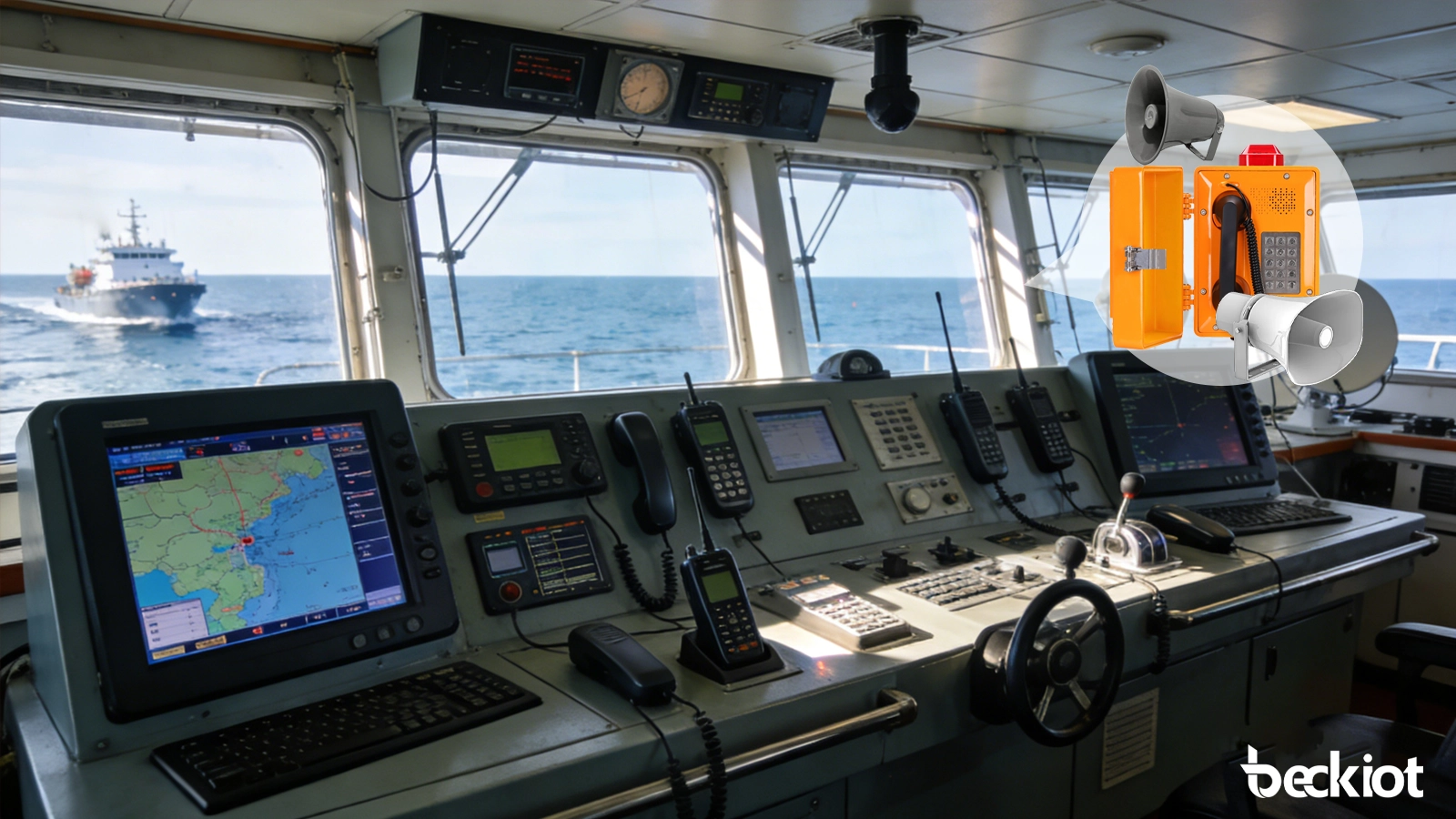 Überblick über das PAGA-System einer Offshore-Plattform mit Rufbetrieb im Kontrollraum, Schiffslautsprechern, industriellen Telefonen und Notfallalarmabdeckung in mehreren Betriebsbereichen