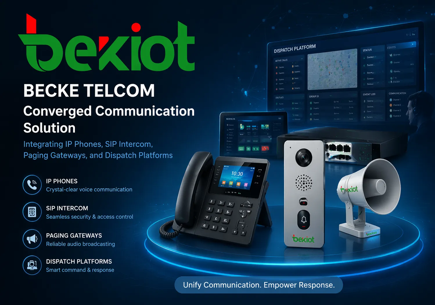 Konvergente Kommunikationslösung von Becke Telcom mit Integration von IP-Telefonen, SIP-Intercom, Personenruf-Gateways und Einsatzleitplattformen