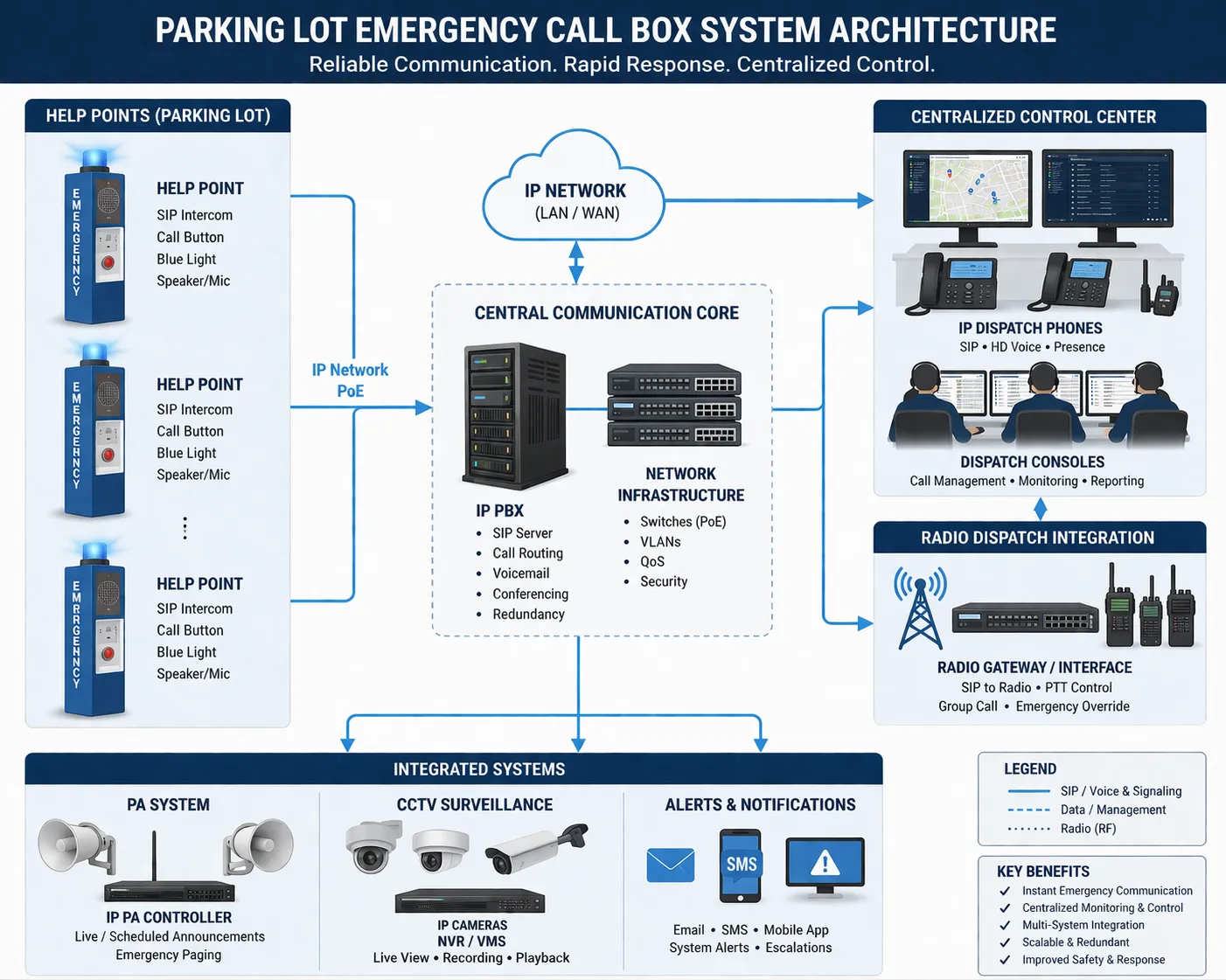 Architektur eines Parkplatz-Notrufsäulensystems mit Help Points, SIP-Gegensprechkommunikation, IP-PBX-Telefonen, Funkleitstelle, Beschallungssystem, CCTV und zentraler Steuerung