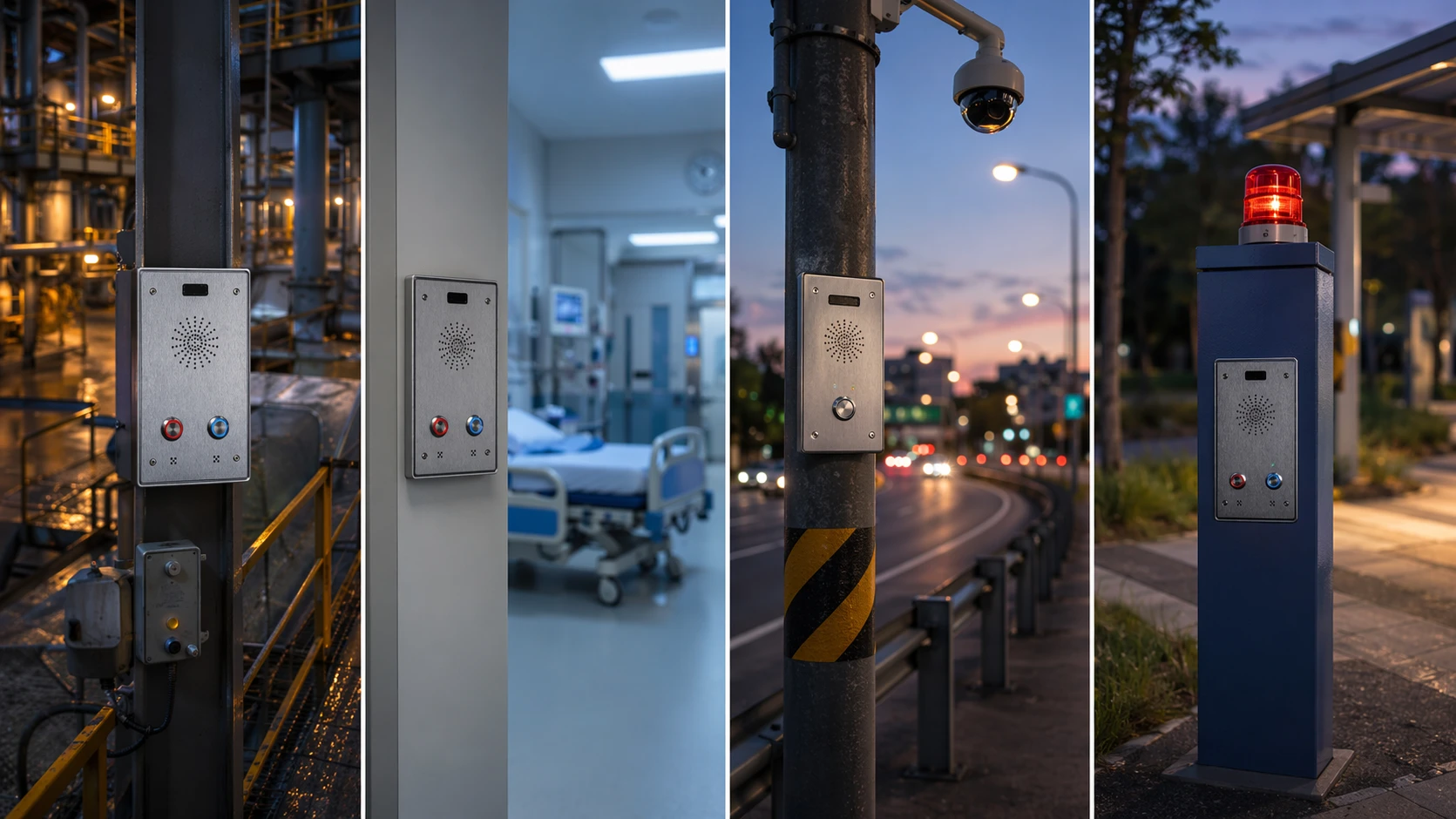 An Industrietor, Krankenhauseingang, Transportbahn und Notfallhilfepunkt installierte IP-Sprechterminals