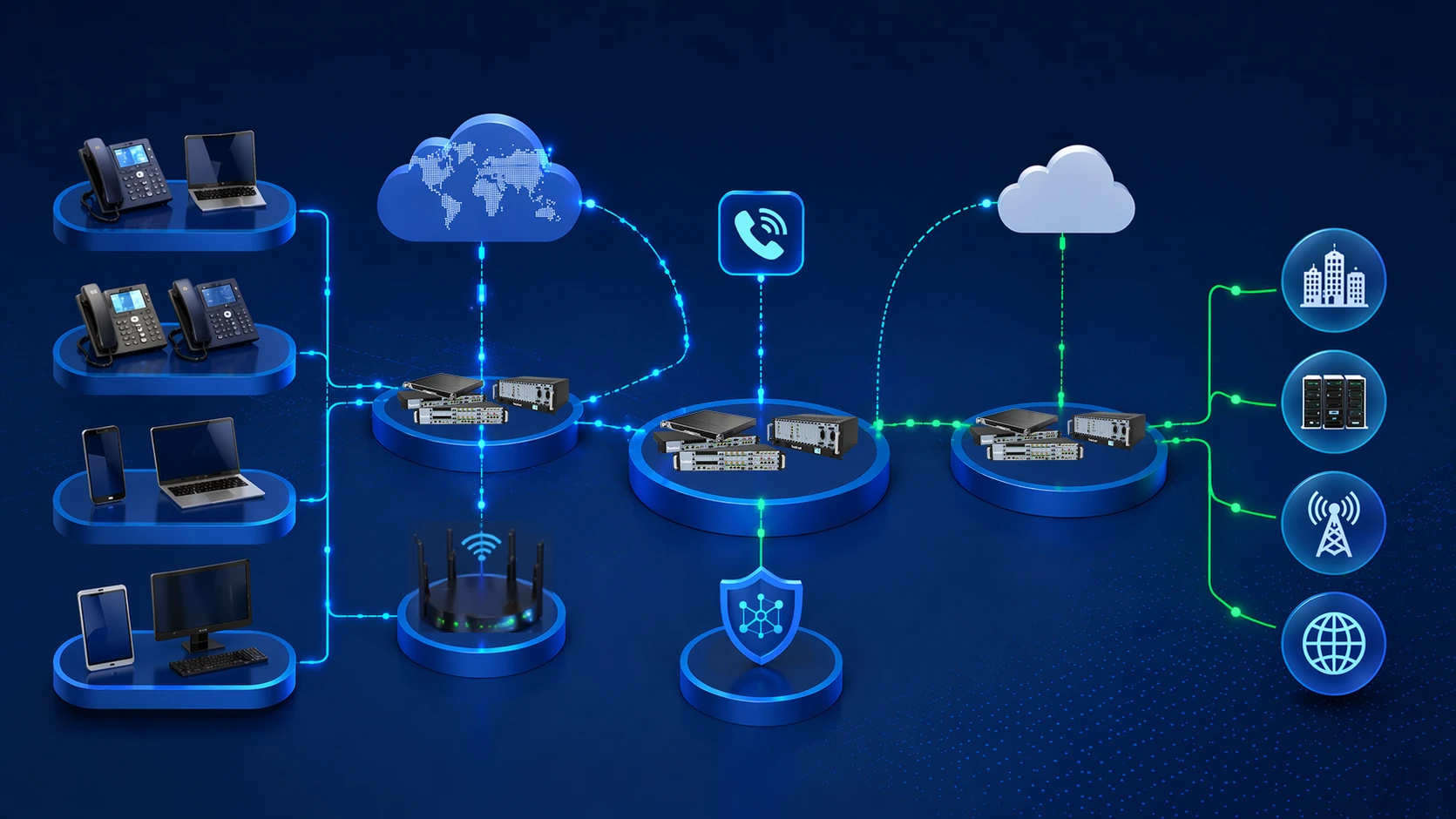 Architektur des unternehmensweiten IP PBX-Systems mit Verbindung zu Tischtelefonen, mobilen Geräten, Laptops, Netzwerkgateways, Cloud-Telefonie, Sicherheitskomponenten und Kommunikationsendgeräten