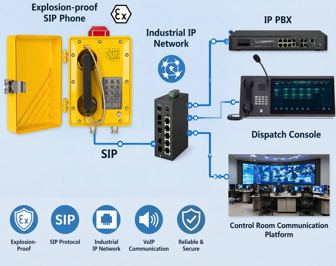 Explosionsgeschütztes SIP-Telefon, verbunden über ein industrielles IP-Netz mit IP-PBX, Leitstellenkonsole und Kommunikationsplattform des Leitstands