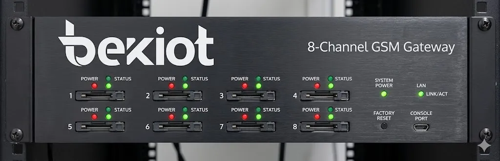 Front view of the Becke Telcom 8-Channel GSM Gateway showing SIM slots and LED status indicators
