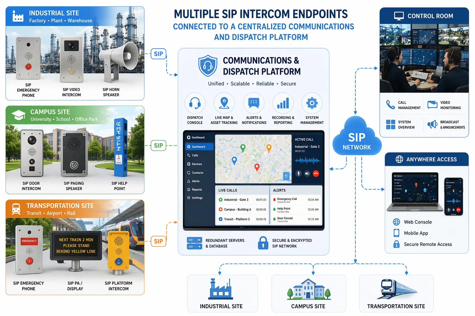 Multiple SIP intercom endpoints across industrial, campus, and transportation sites connected to a centralized communications and dispatch platform