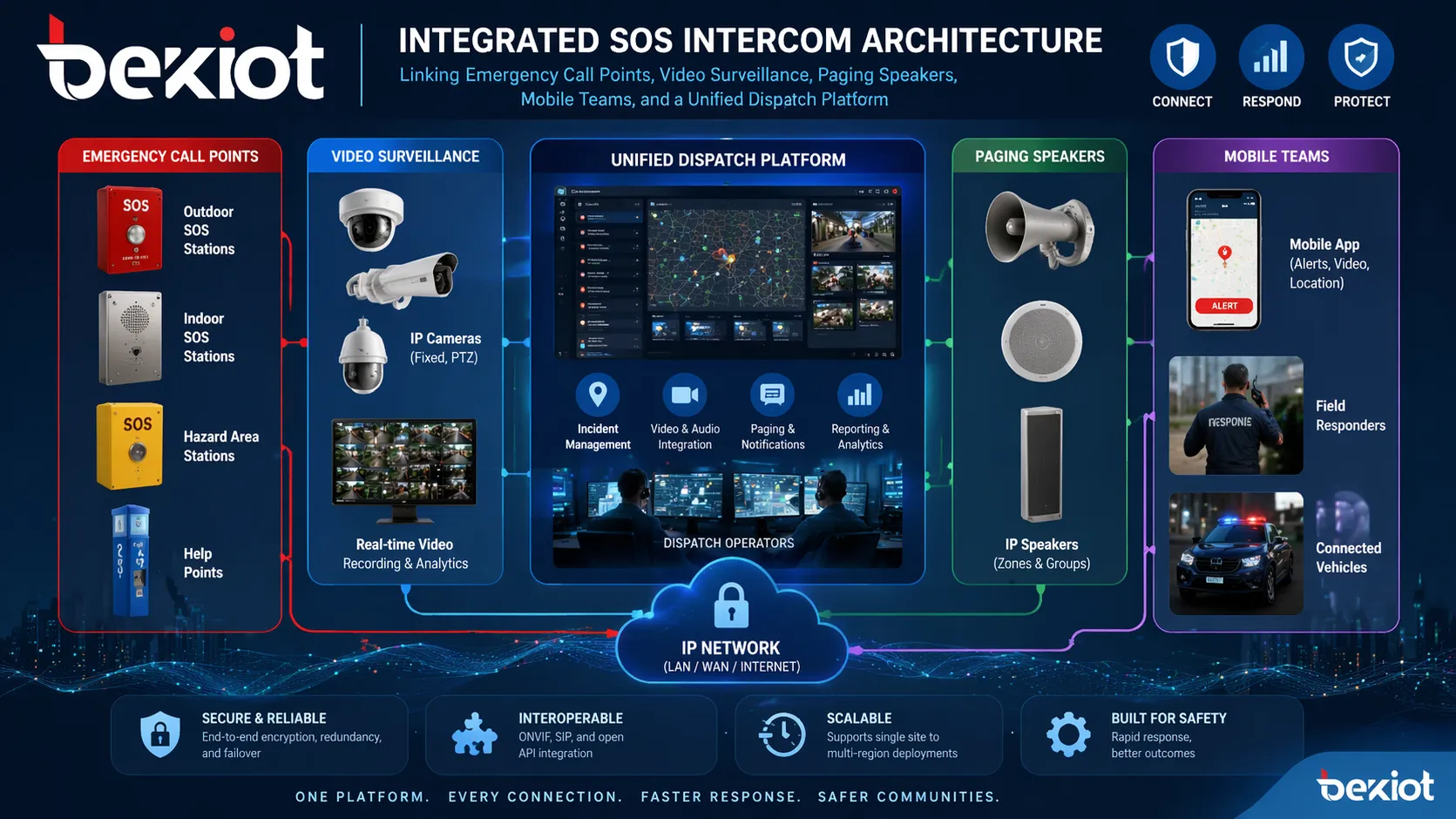 Integrated SOS intercom architecture linking emergency call points, video surveillance, paging speakers, mobile teams, and a unified dispatch platform
