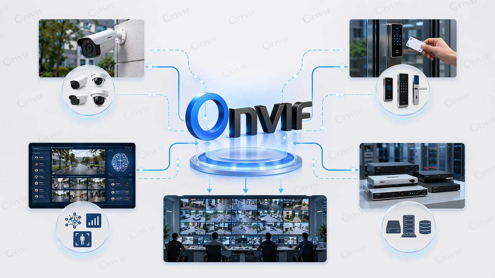 Die ONVIF-Integration wird üblicherweise zur Verbindung von Video, Zutrittskontrolle, Analysen und einheitlichen Überwachungsplattformen in herstellerübergreifenden Umgebungen verwendet.