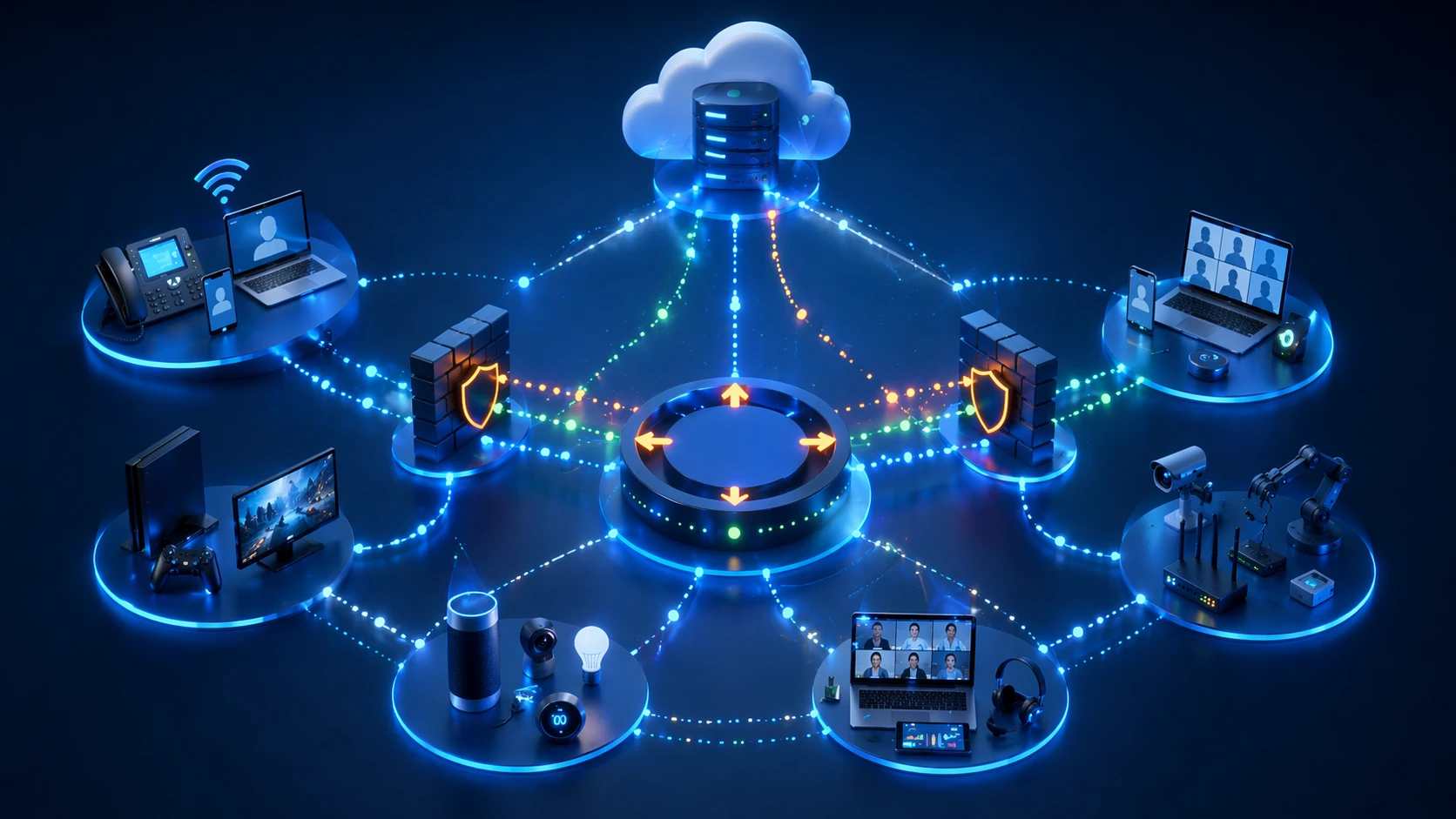 Illustration, die NAT-Traversal in VoIP, WebRTC-Meetings, Online-Spielen und der Kommunikation mit entfernten Edge-Geräten zeigt Illustration, die NAT-Traversal in VoIP, WebRTC-Meetings, Online-Spielen und der Kommunikation mit entfernten Edge-Geräten zeigt