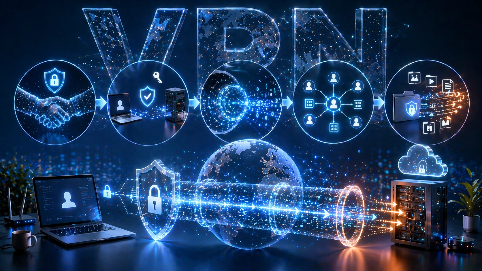 Darstellung der Phasen einer OpenVPN-Verbindung: TLS-Handshake, Authentifizierung der Gegenstelle, Erstellung eines virtuellen Tunnels, Zuweisung von Adressen und geschützte Datenübertragung über das VPN Darstellung der Phasen einer OpenVPN-Verbindung: TLS-Handshake, Authentifizierung der Gegenstelle, Erstellung eines virtuellen Tunnels, Zuweisung von Adressen und geschützte Datenübertragung über das VPN