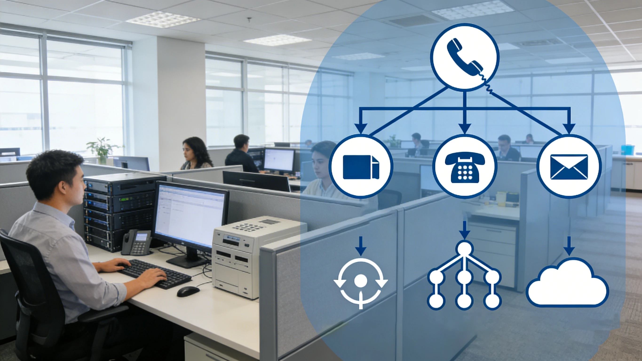 Geschäfts-PBX mit Vermittlung eingehender und ausgehender Anrufe über SIP-Trunk, PSTN-Gateway, automatischer Zentrale und Abteilungsnebenstellen
