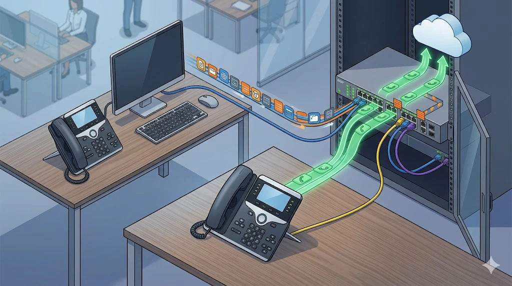 Switch-Port eines Unternehmensnetzwerks mit angeschlossenem IP-Telefon und PC, Darstellung einer Vertrauensgrenze: Der Switch vertraut der Sprachmarkierung des Telefons, wendet aber abweichende QoS-Regeln für Arbeitsstellenverkehr an