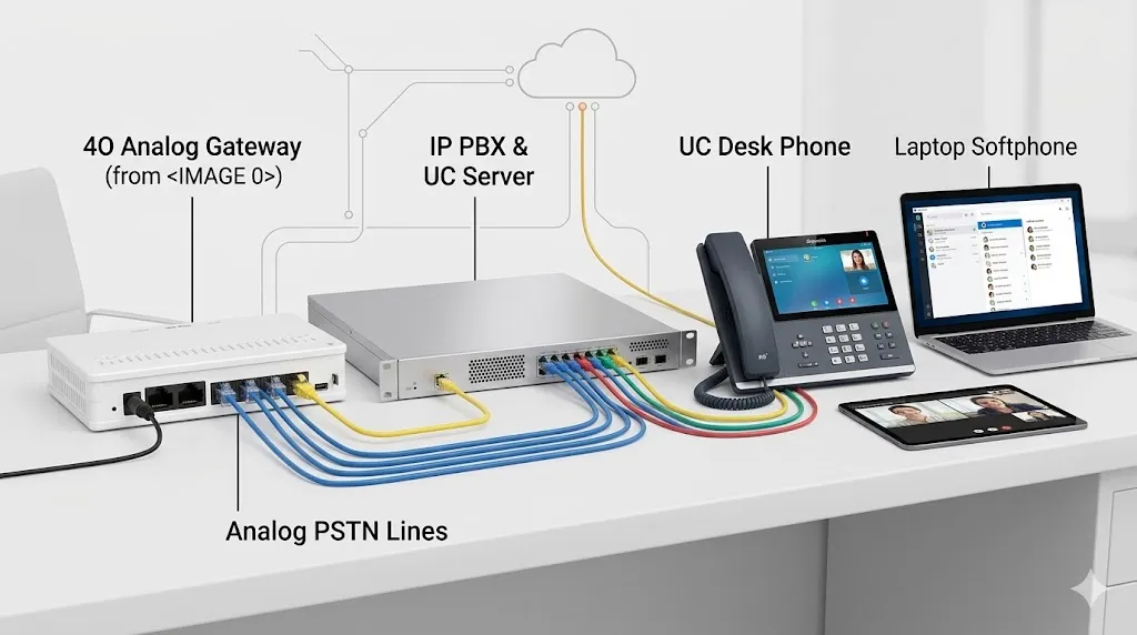 4O Analoges Gateway verbunden mit IP-PBX und Unified Communications-Plattform
