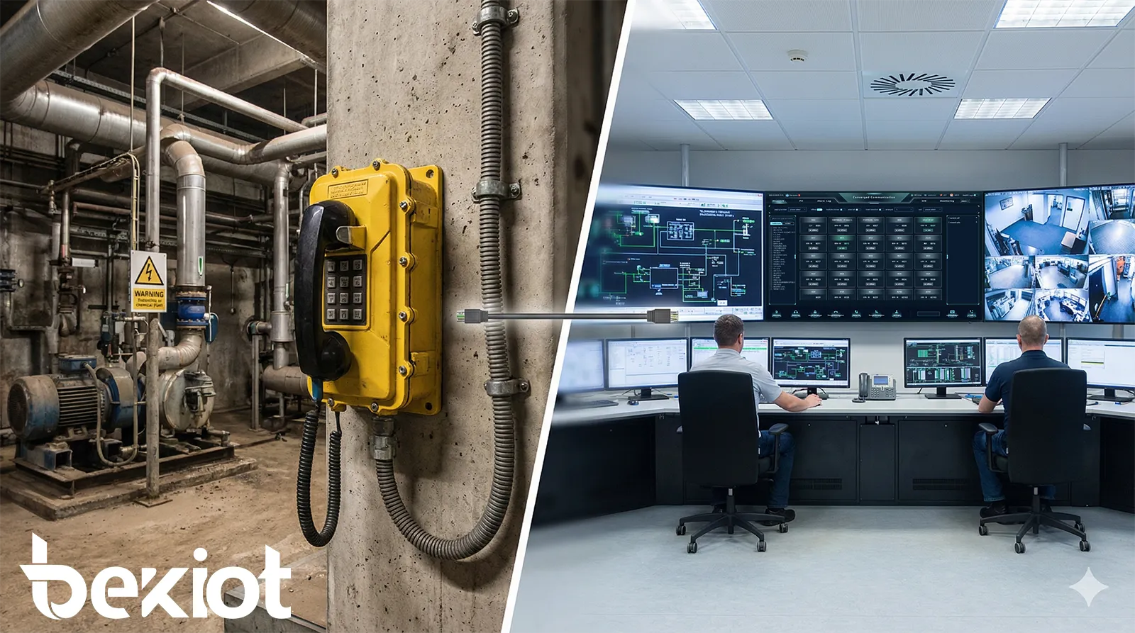 Explosionsgeschütztes Telefon verbunden mit einer zentralen Leitwarte in einer Industrieanlage