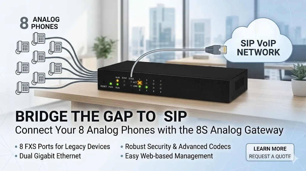 Vorderansicht des 8S Analog-Gateways zur Integration analoger Telefone und SIP-Netzwerke