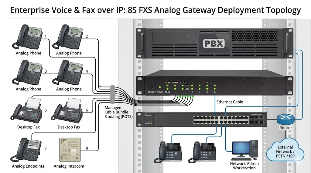 8S Analog-Gateway im Einsatz mit analogen Telefonen, Faxgeräten und IP-PBX