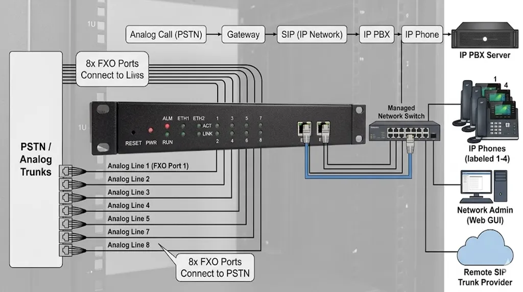IPGA-80 FXO Gateway Frontansicht für analoge Amtsleitungs- und SIP-Netzwerkintegration