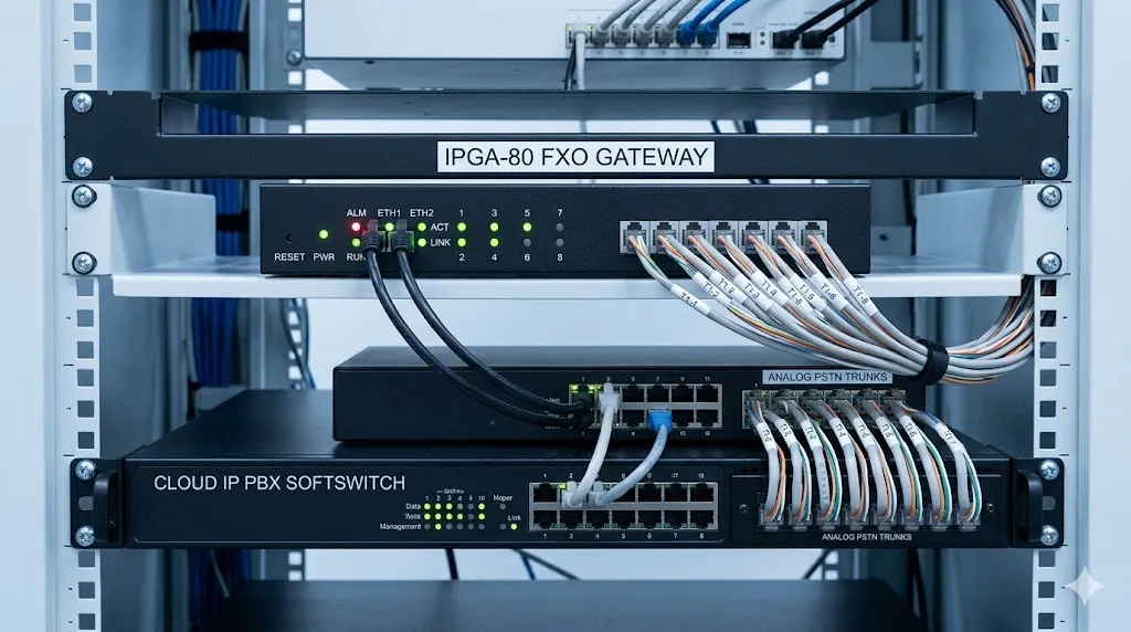 IPGA-80 FXO Gateway verbunden mit IP PBX, Softswitch und analogen Amtsleitungen