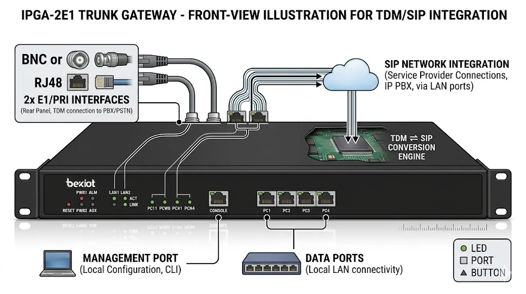 IPGA-2E1 Trunk-Gateway Vorderansicht zur Integration von 2E1-Trunks und SIP-Netzen