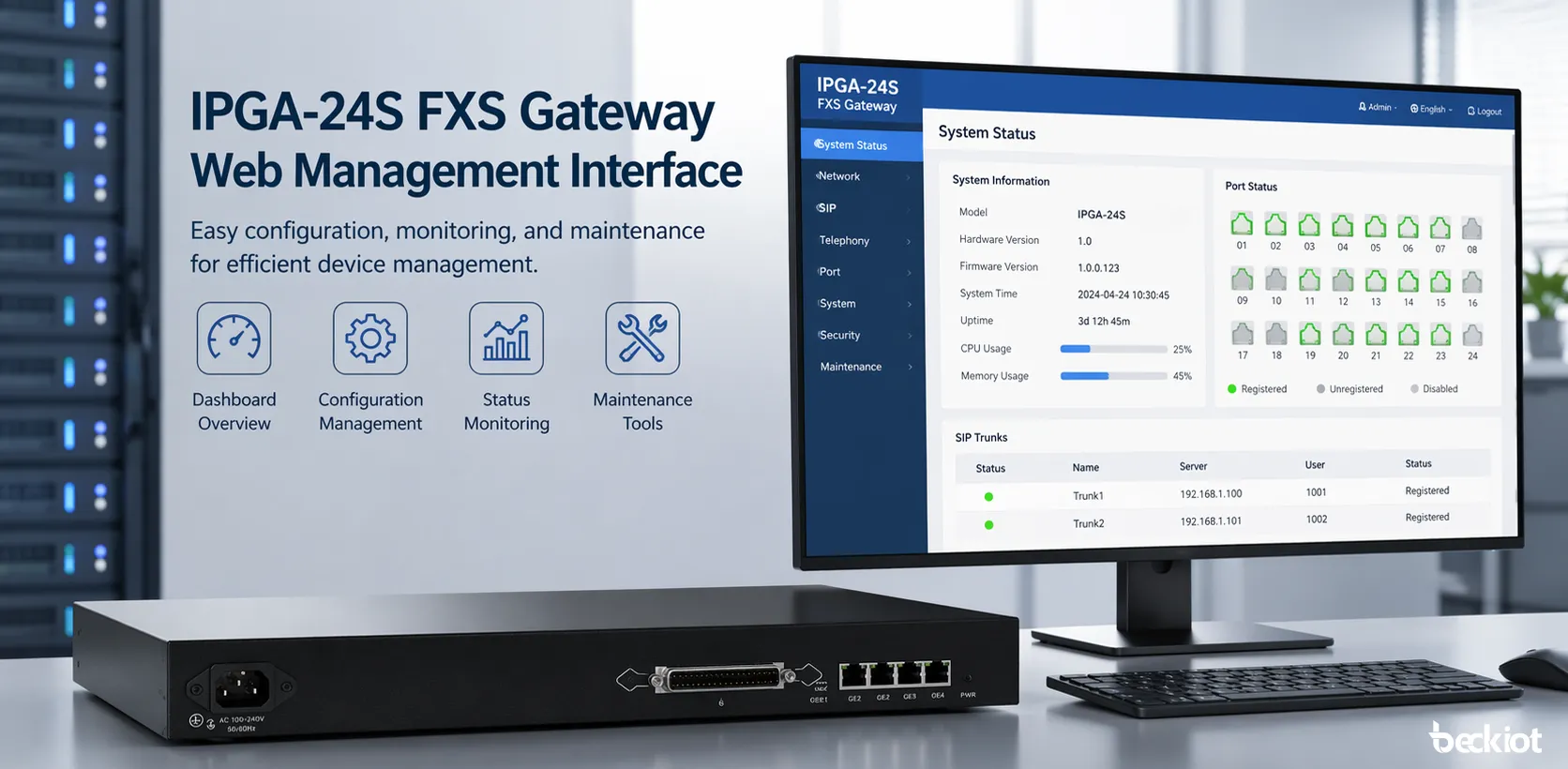 Web-basiertes Verwaltungsinterface des IPGA-24S FXS-Gateways zur Konfiguration und Wartung