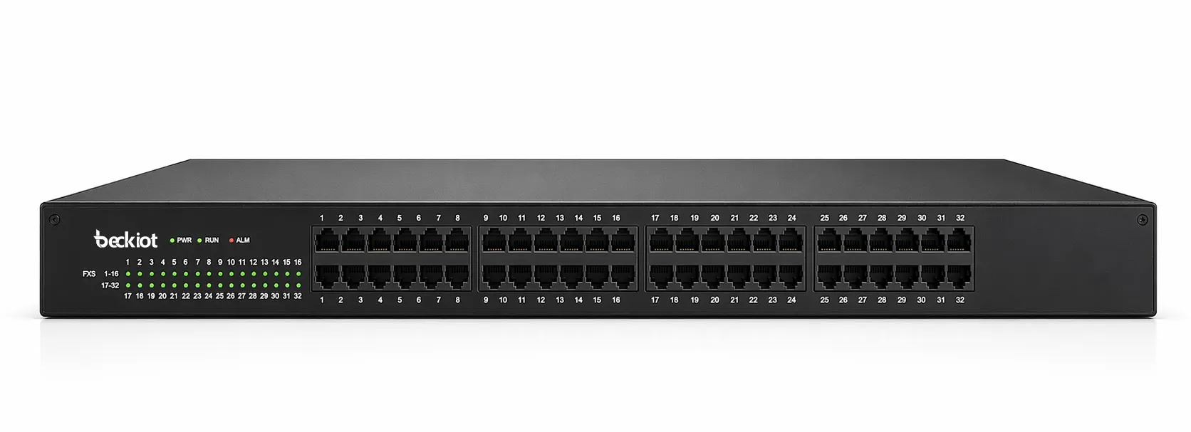 Vorderansicht des IPGA-32S FXS-Gateways bei einer rackmontierten Installation analoger Gateways