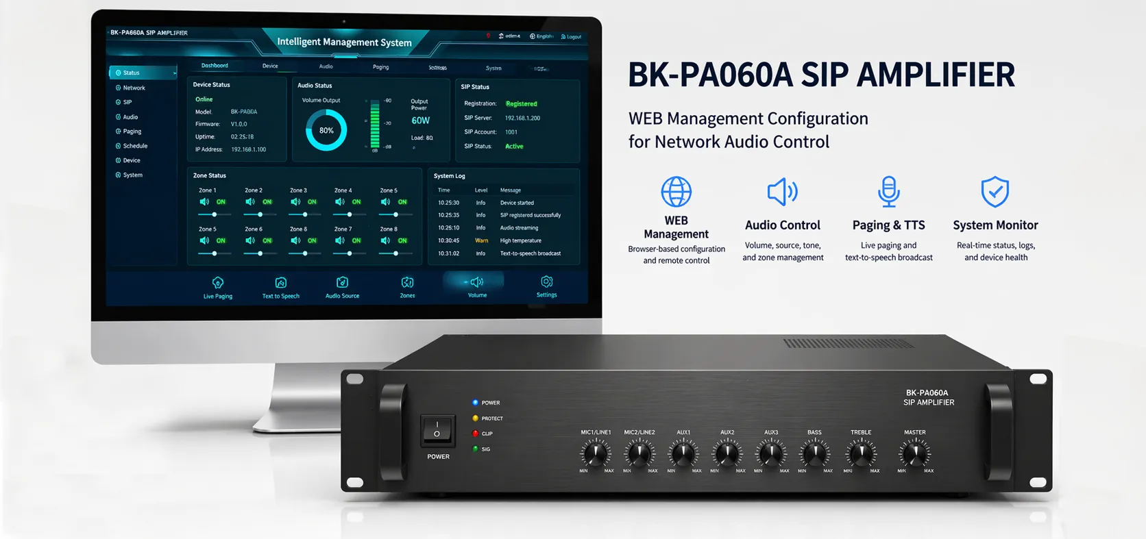 BK-PA060A SIP-Verstärker mit WEB-Verwaltungsoberfläche zur IP-Audio-Steuerung