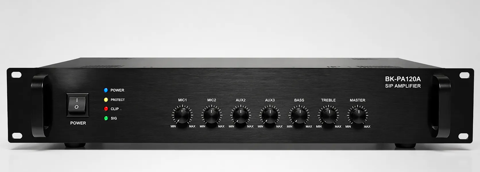 Vorderansicht des BK-PA120A SIP-Verstärkers in einer 19-Zoll-2U-Rackmontage