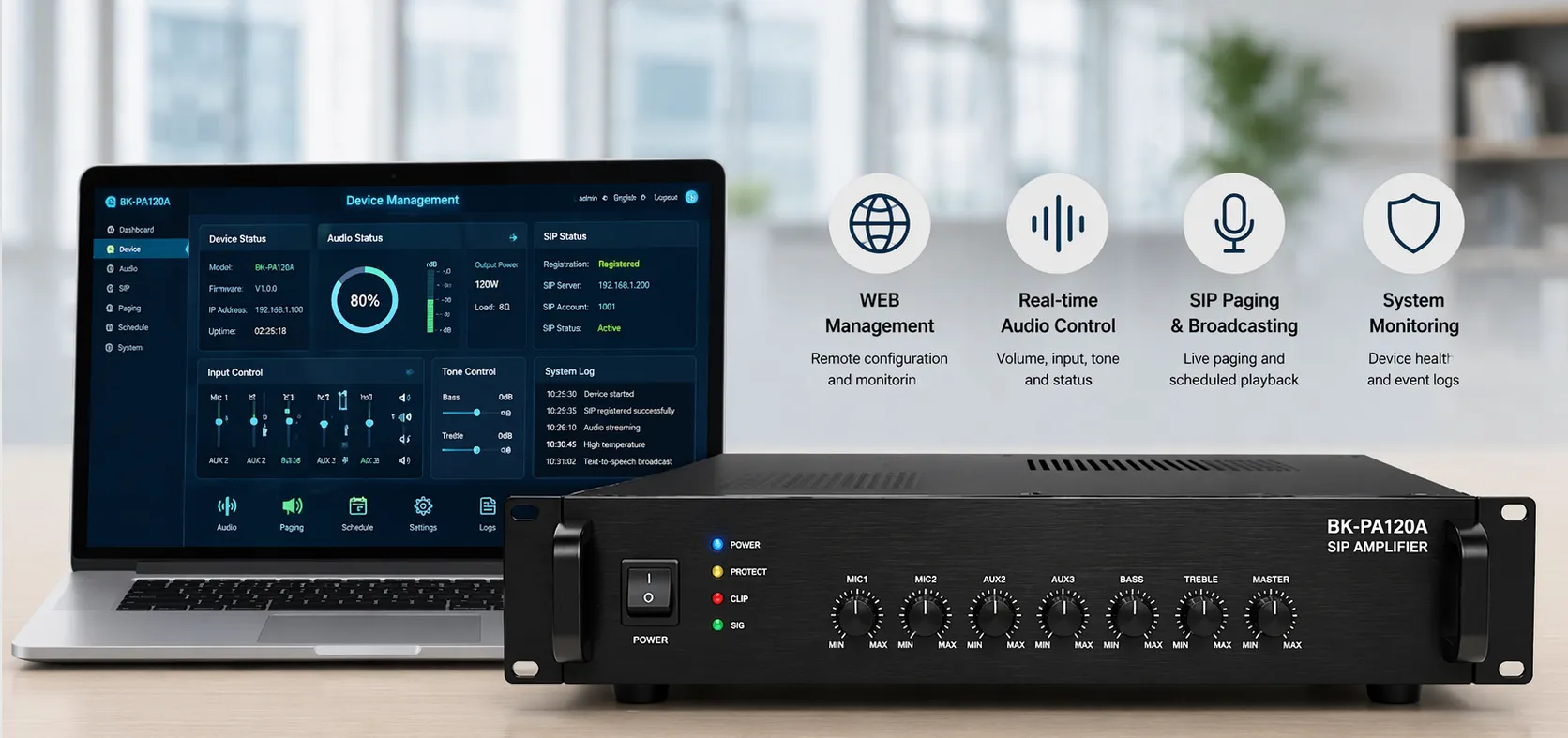 BK-PA120A SIP-Verstärker mit WEB-Verwaltungsoberfläche zur Netzwerkaudio-Konfiguration und -überwachung